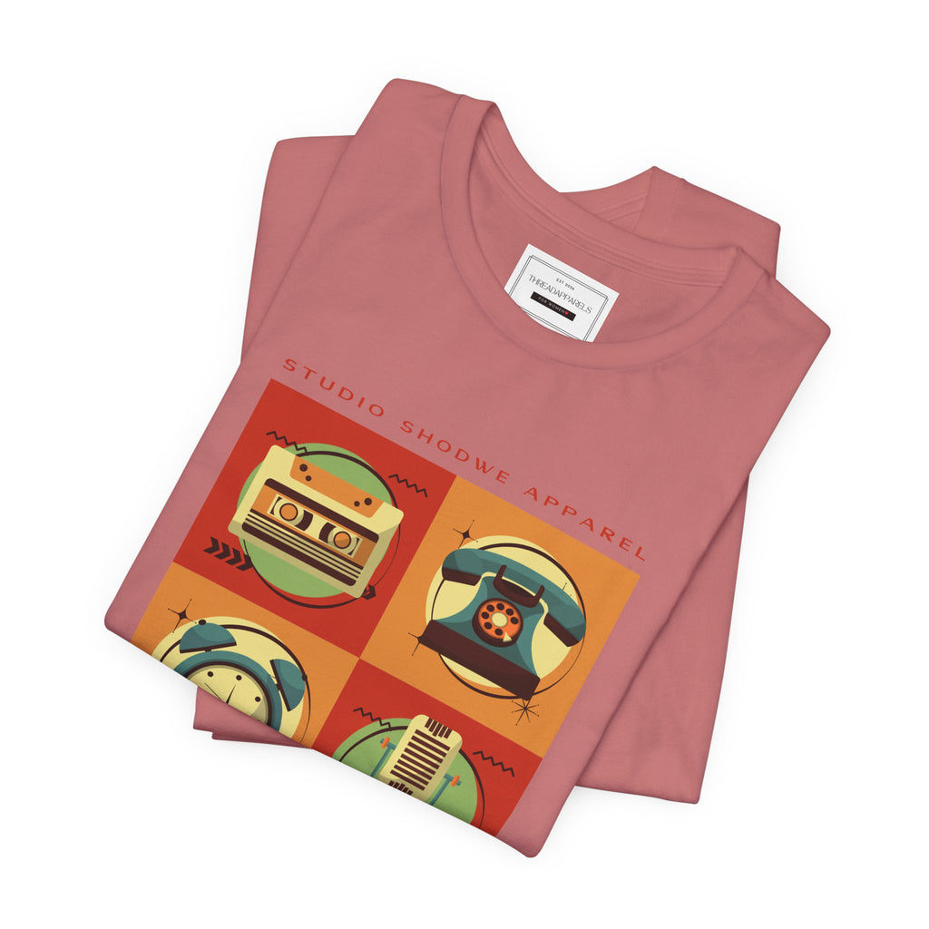 Retro Icons T-Shirt — Vintage Radio, Cassette & Alarm Clock Graphic Tee