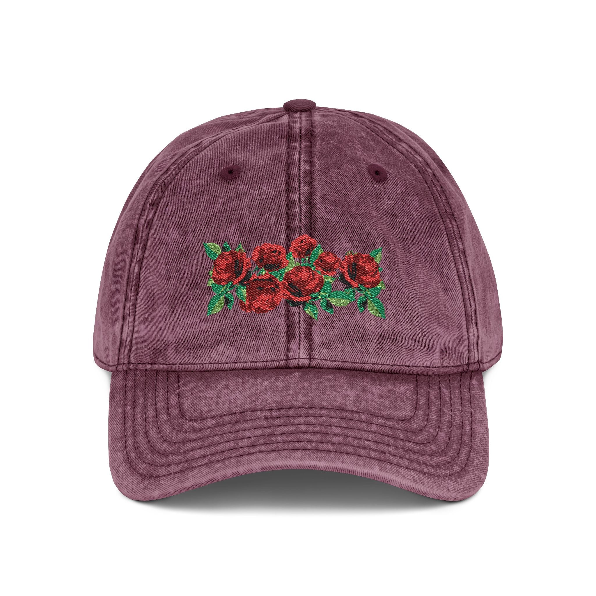 Vintage Embroidered Rose Cap — Washed Grey Floral Baseball Hat