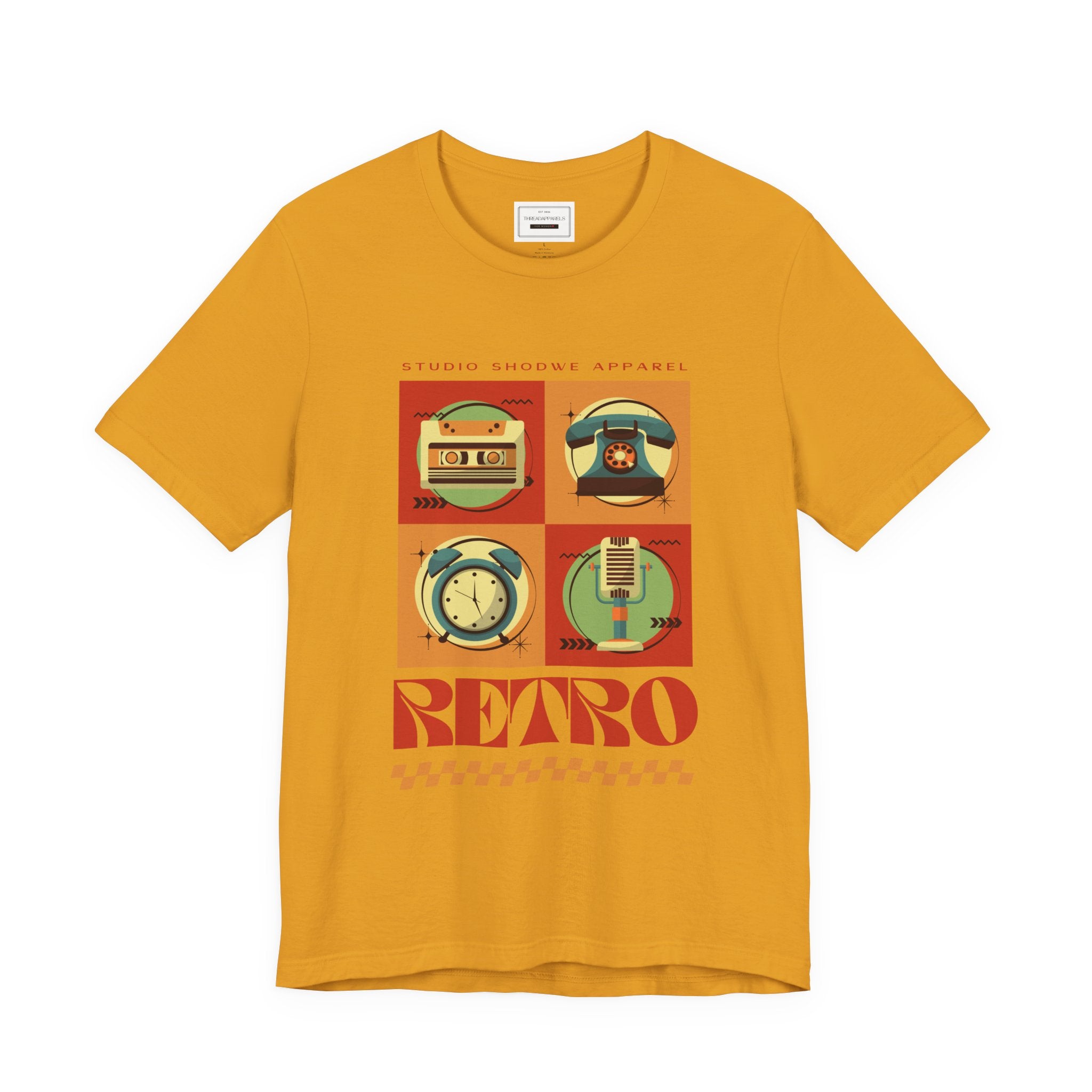 Retro Icons T-Shirt — Vintage Radio, Cassette & Alarm Clock Graphic Tee