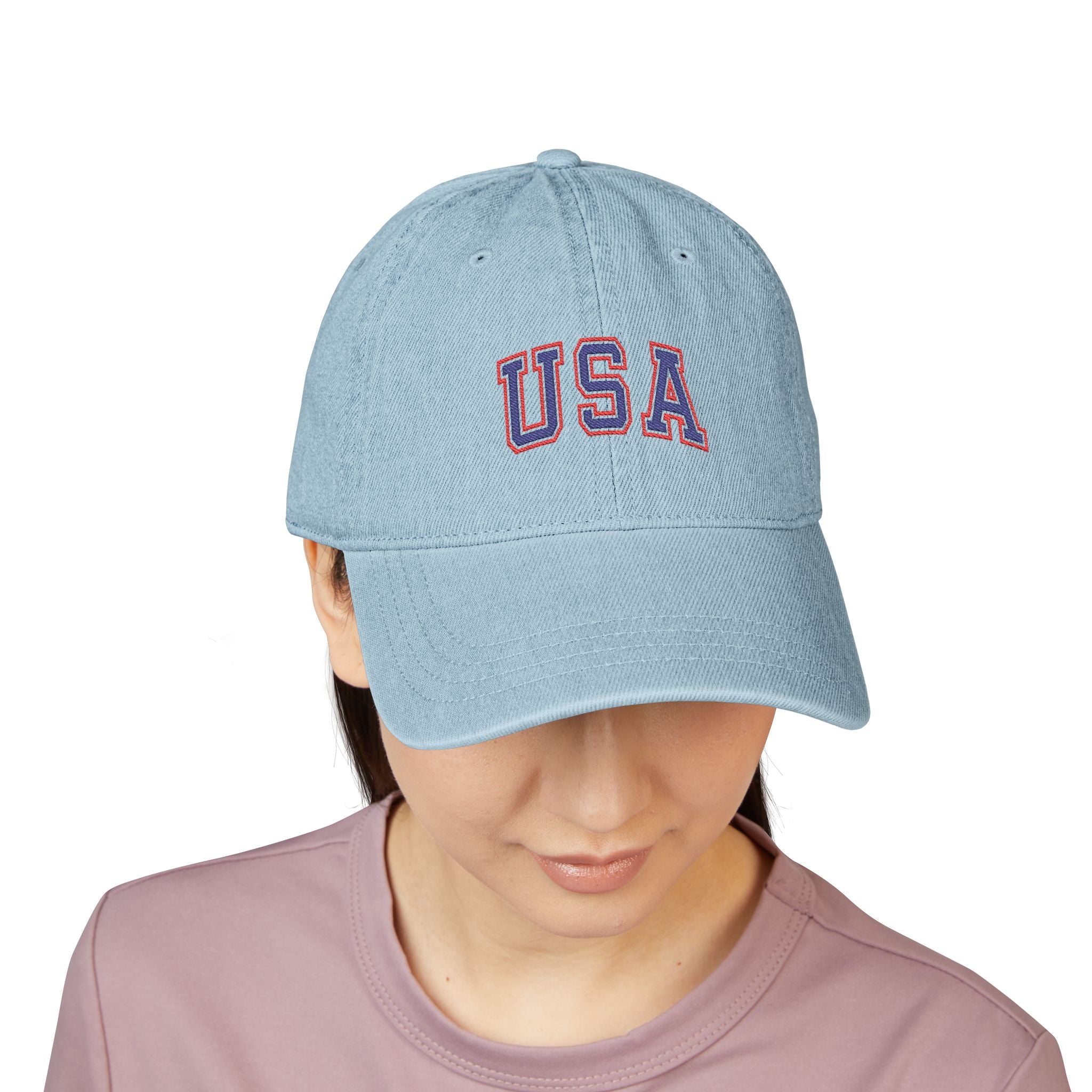 USA Embroidered Denim Hat — Light Wash Baseball Cap