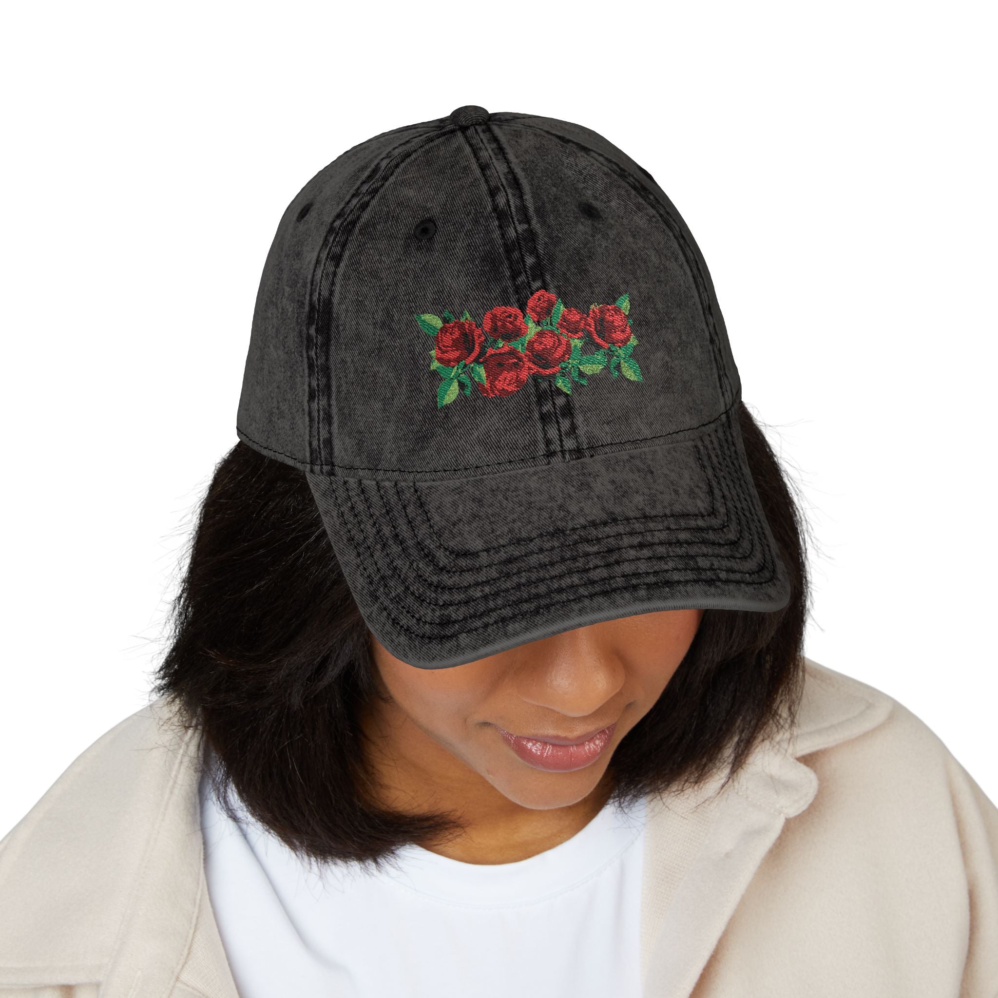 Vintage Embroidered Rose Cap — Washed Grey Floral Baseball Hat