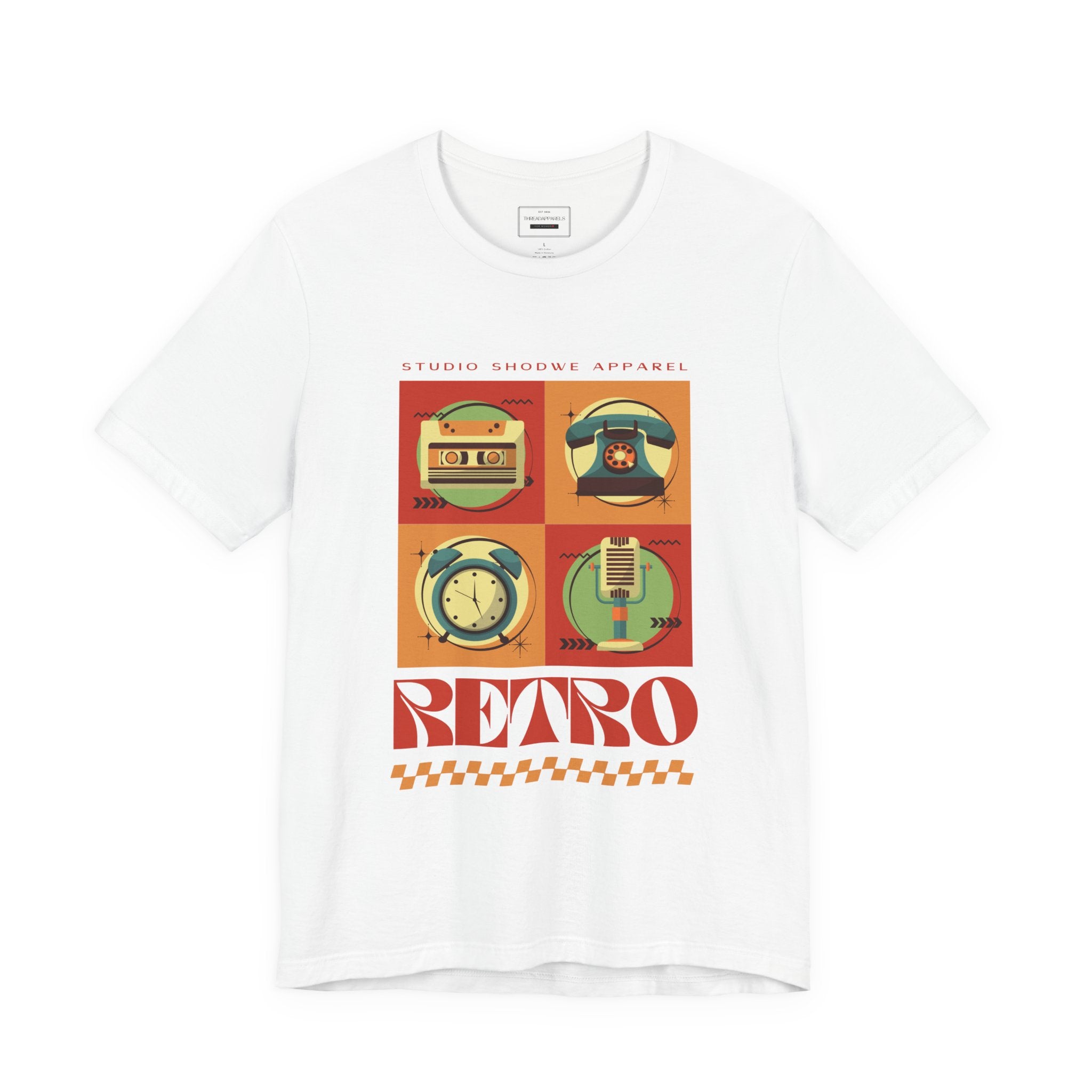 Retro Icons T-Shirt — Vintage Radio, Cassette & Alarm Clock Graphic Tee