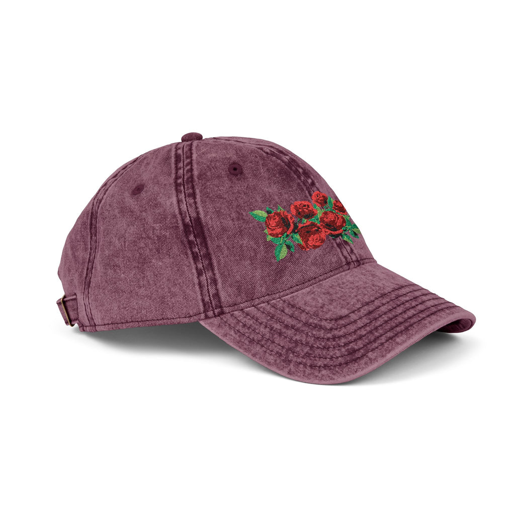Vintage Embroidered Rose Cap — Washed Grey Floral Baseball Hat