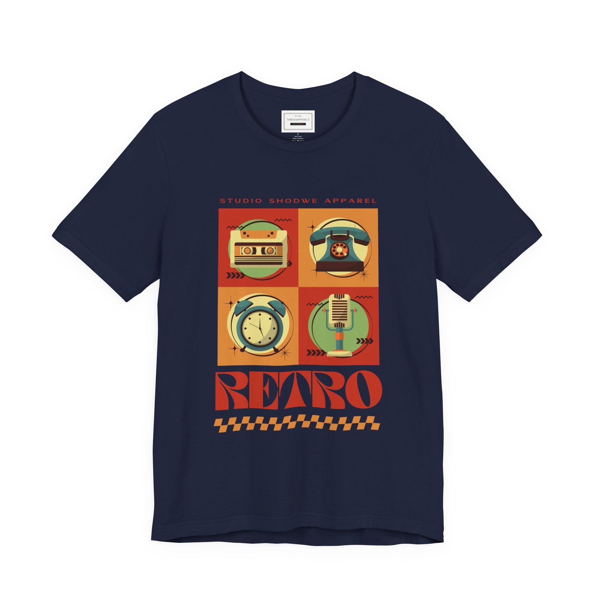 Retro Icons T-Shirt — Vintage Radio, Cassette & Alarm Clock Graphic Tee