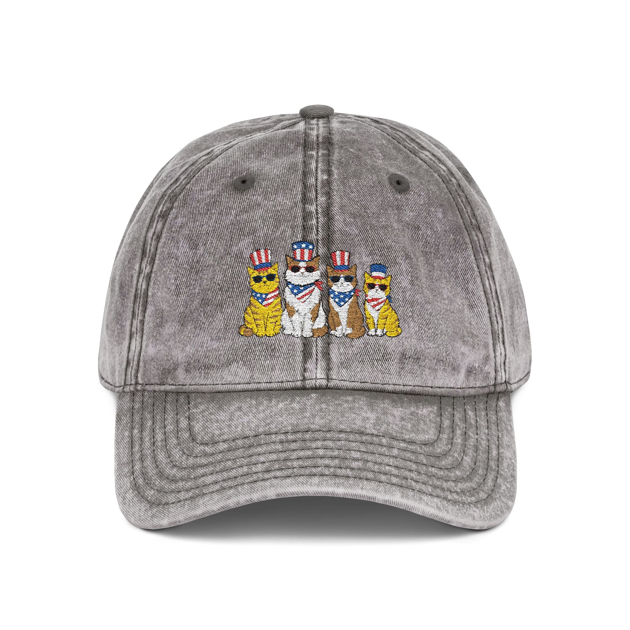 Vintage Embroidered Cap — Patriotic Cartoon Cats