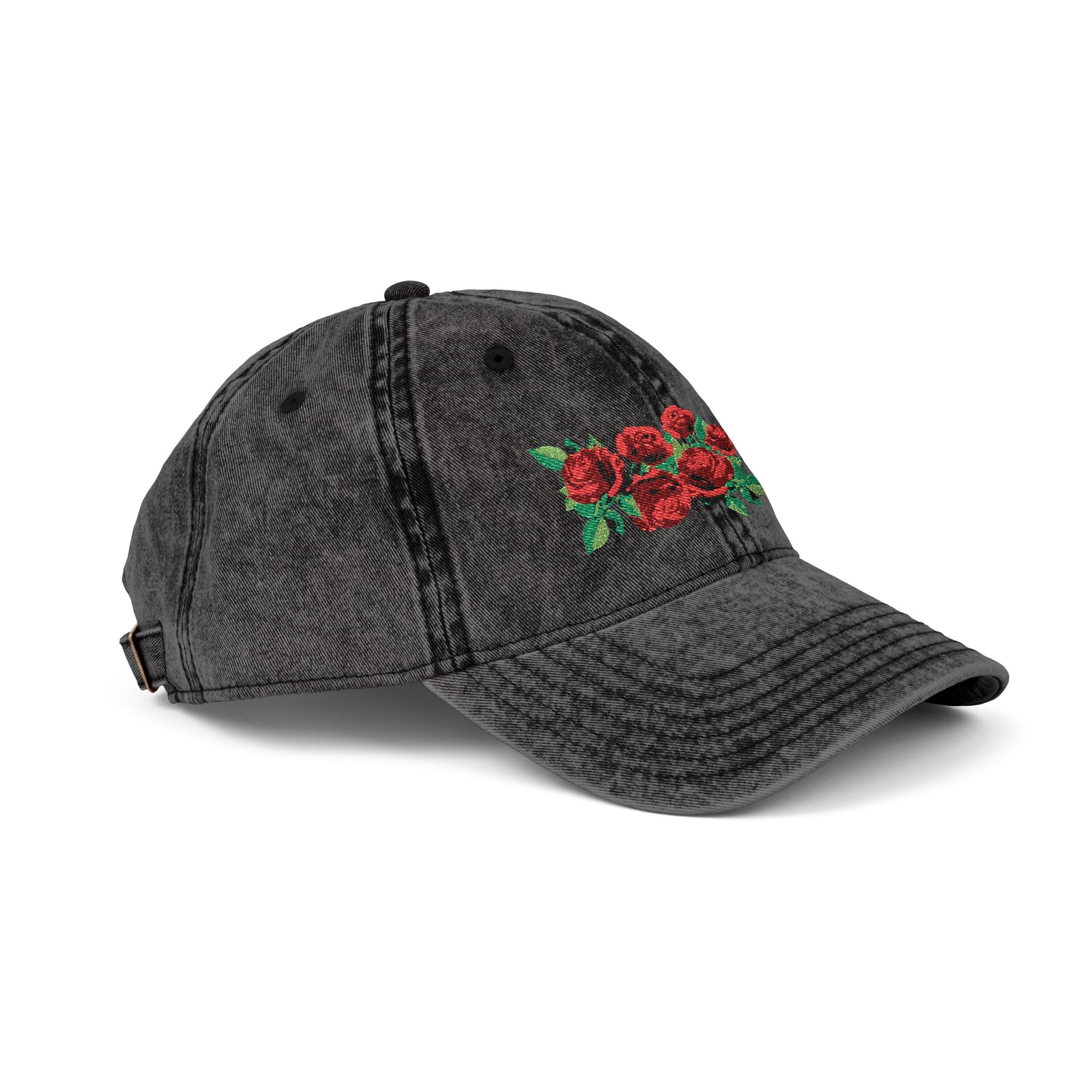 Vintage Embroidered Rose Cap — Washed Grey Floral Baseball Hat