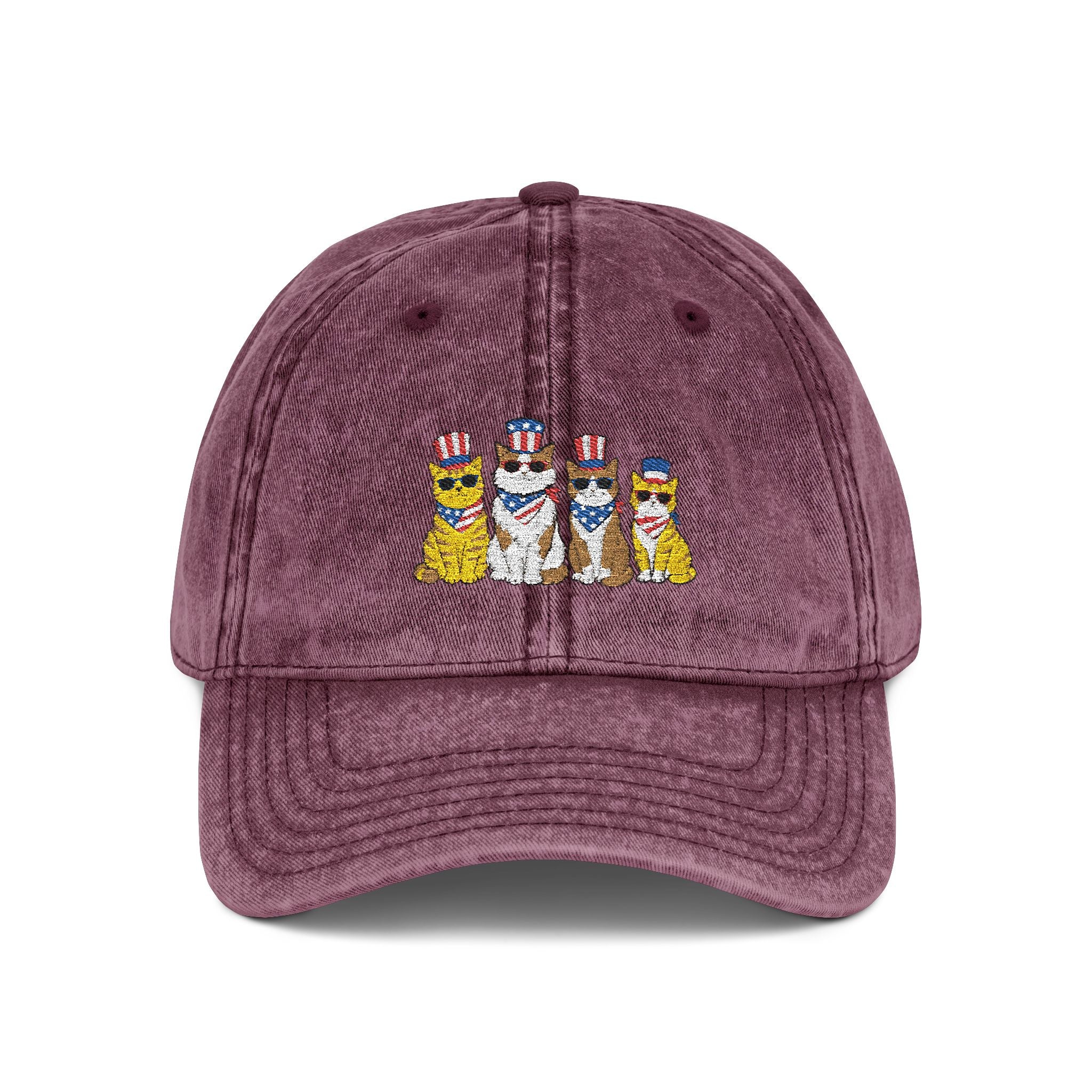 Vintage Embroidered Cap — Patriotic Cartoon Cats