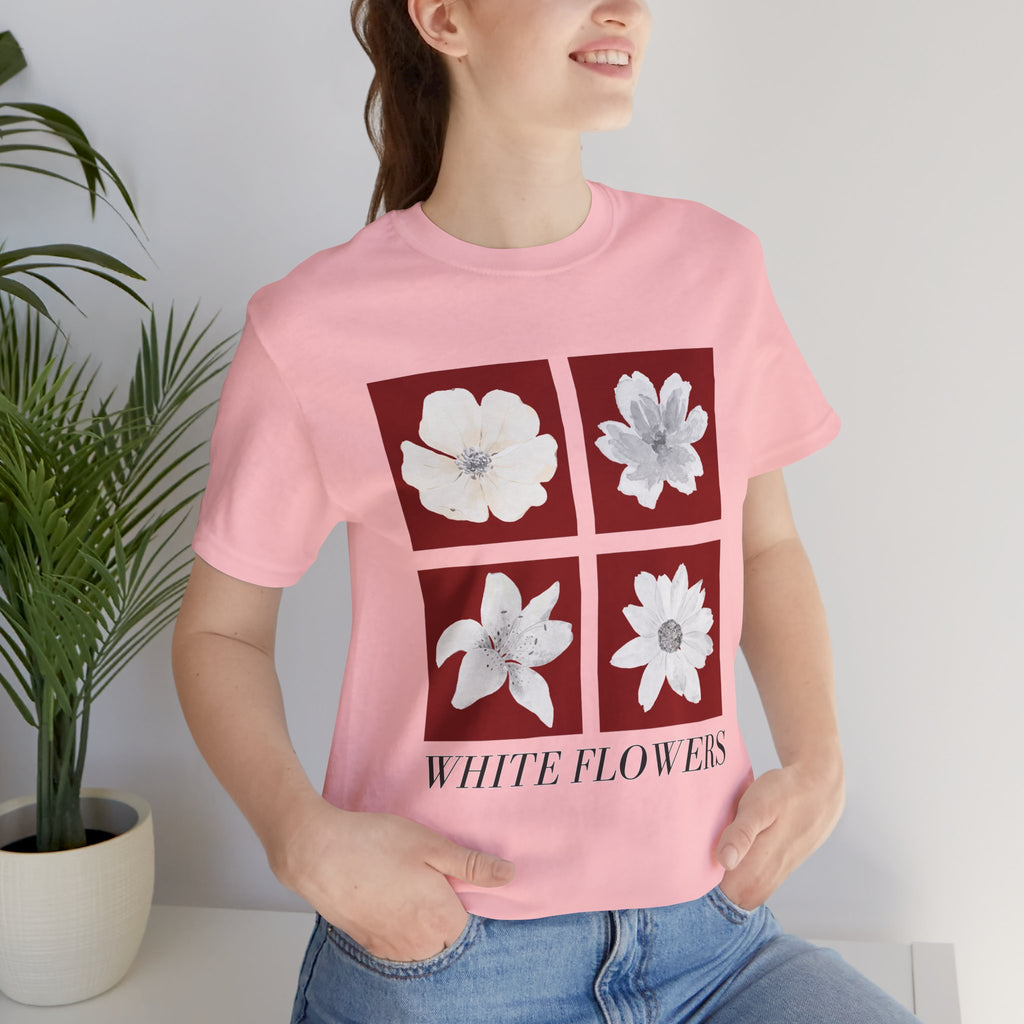 White Flowers Graphic Tee — Floral Square Print T-Shirt