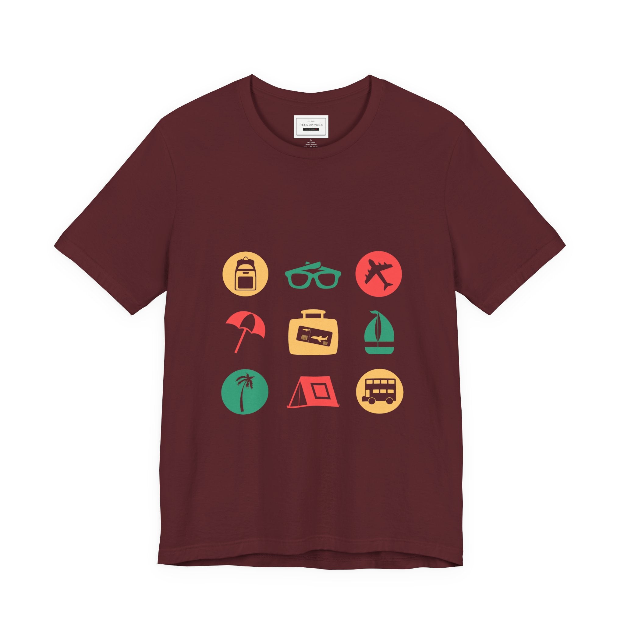 Vacation Icons T‑Shirt — Summer Travel Tee with Sunglasses, Beach & Camp Graphics
