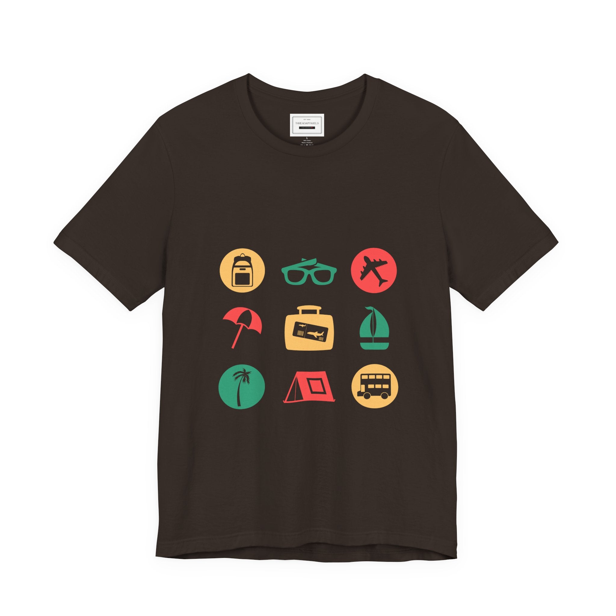 Vacation Icons T‑Shirt — Summer Travel Tee with Sunglasses, Beach & Camp Graphics