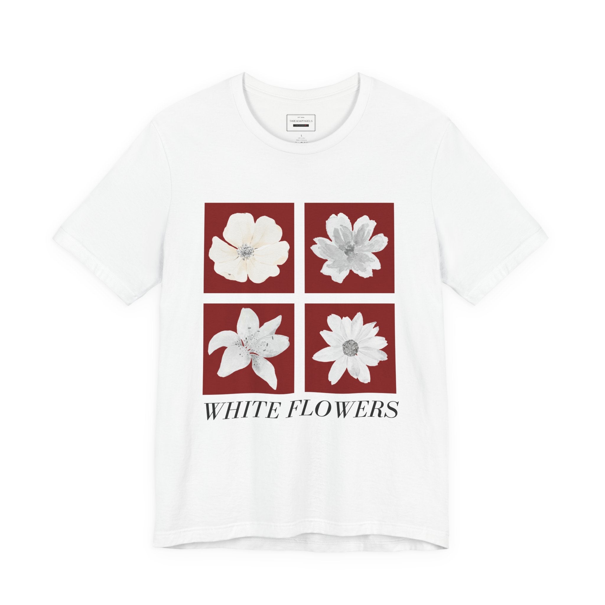 White Flowers Graphic Tee — Floral Square Print T-Shirt