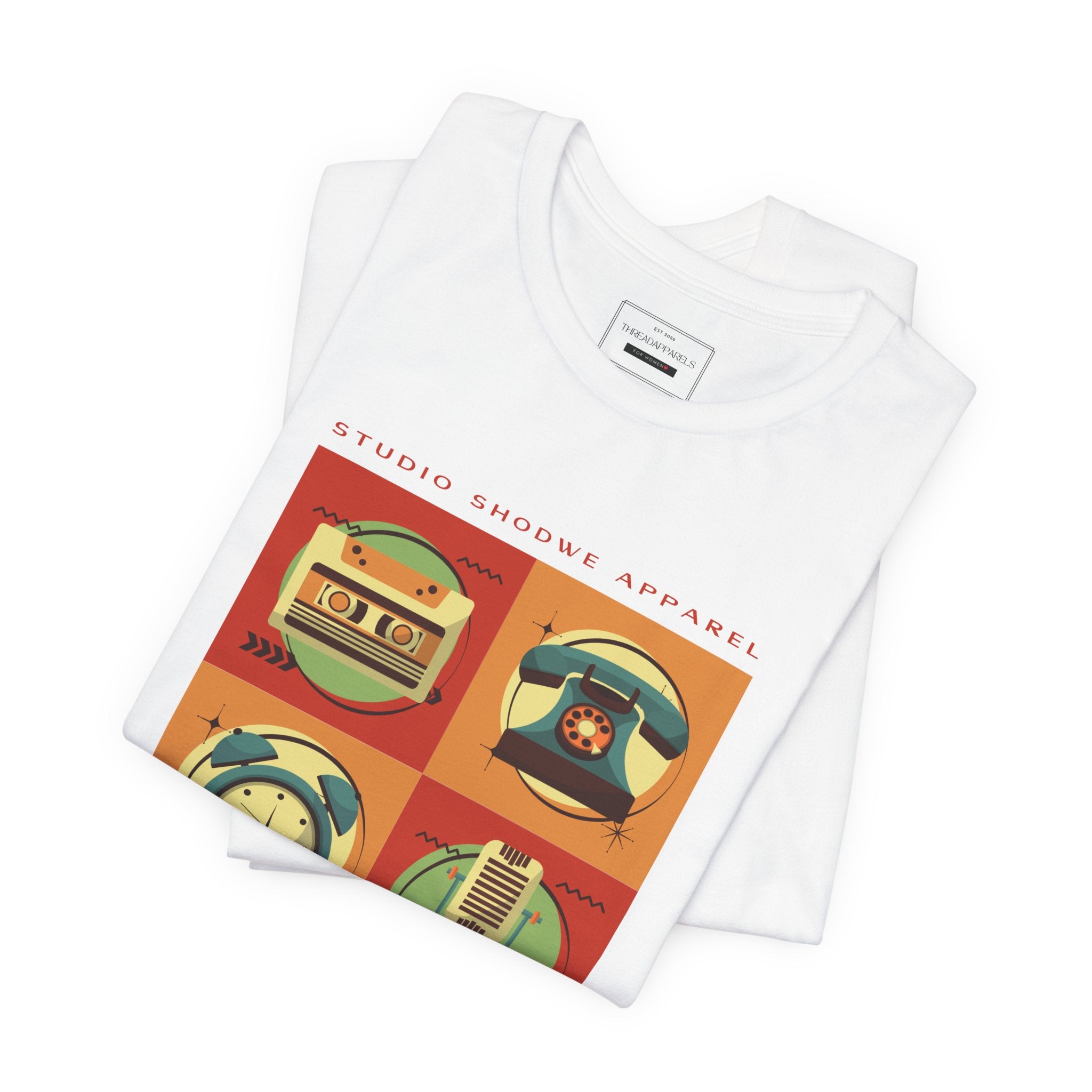 Retro Icons T-Shirt — Vintage Radio, Cassette & Alarm Clock Graphic Tee