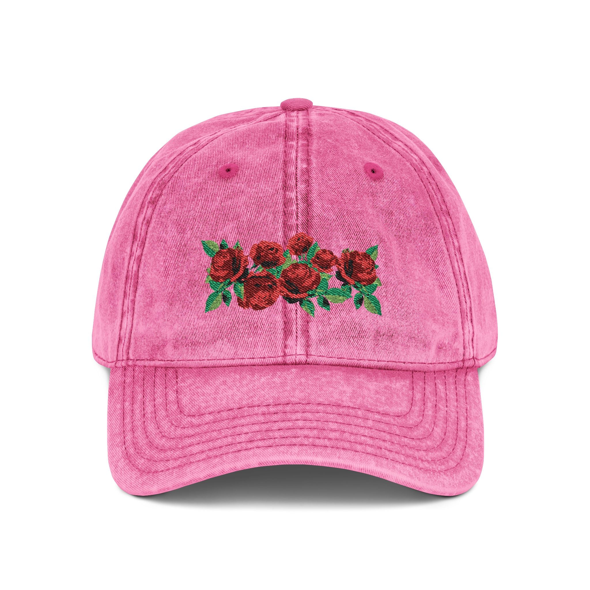 Vintage Embroidered Rose Cap — Washed Grey Floral Baseball Hat