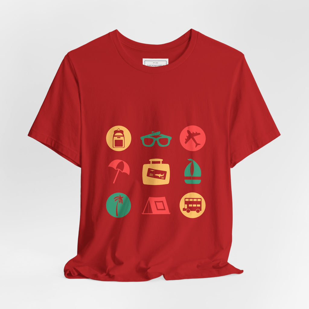 Vacation Icons T‑Shirt — Summer Travel Tee with Sunglasses, Beach & Camp Graphics