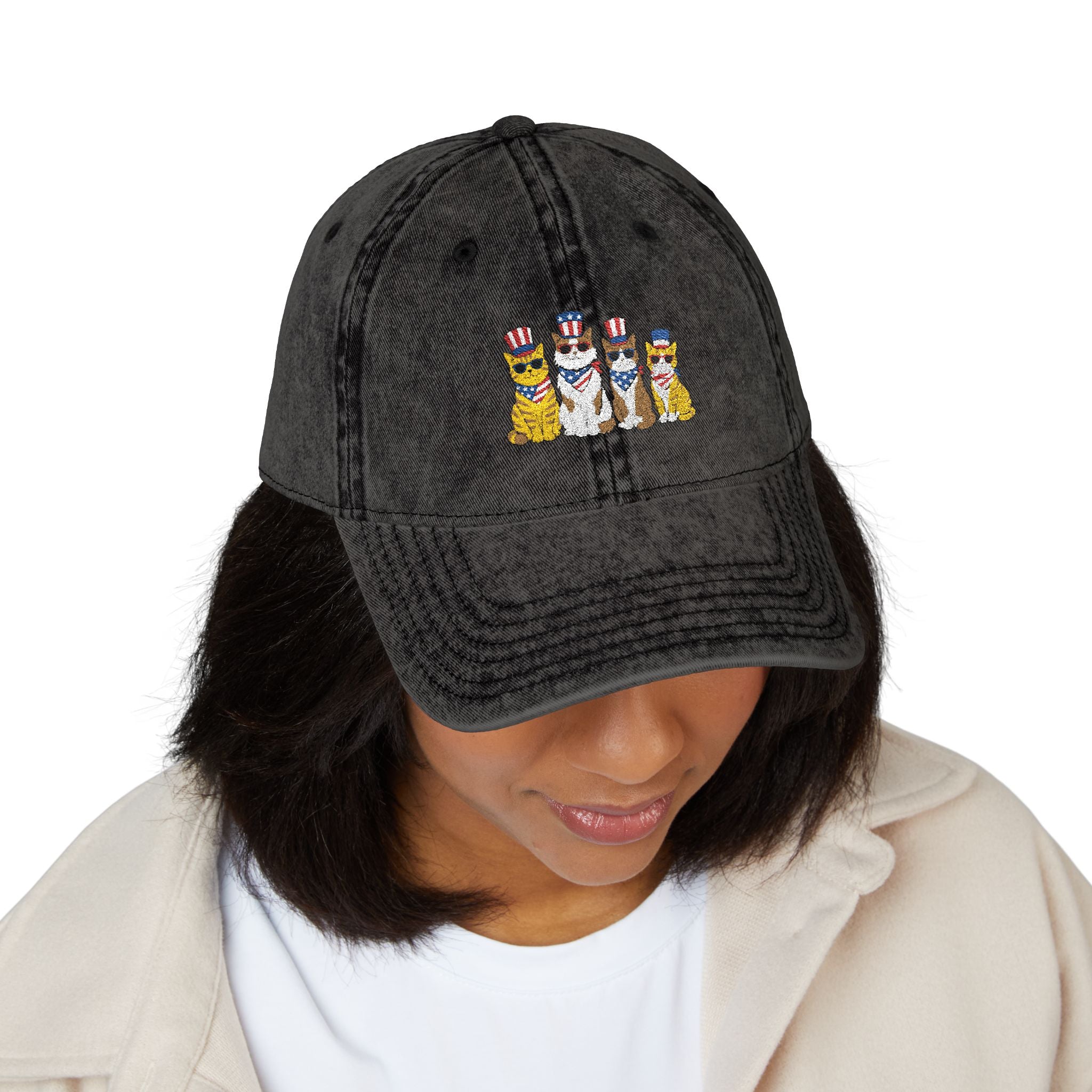 Vintage Embroidered Cap — Patriotic Cartoon Cats
