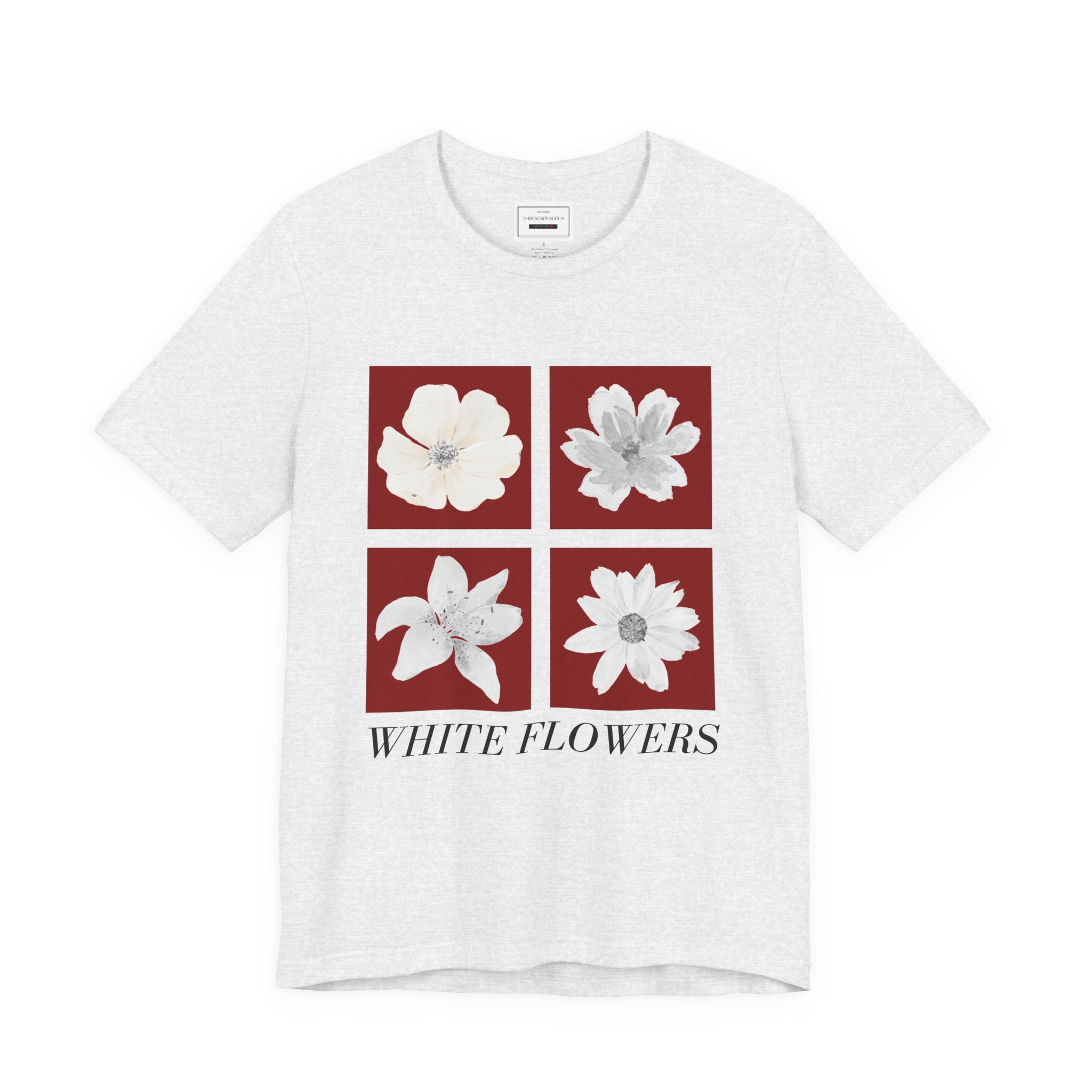 White Flowers Graphic Tee — Floral Square Print T-Shirt