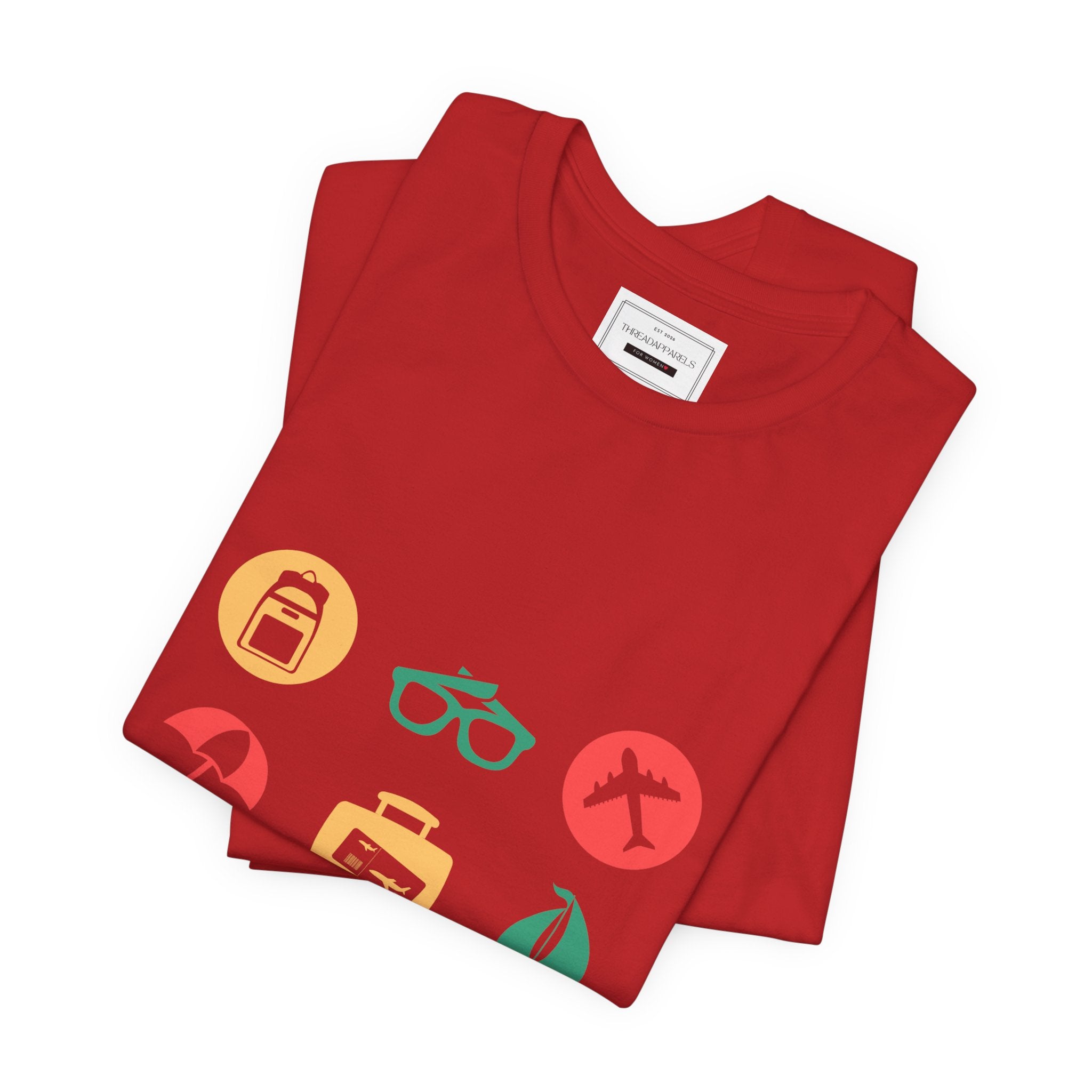 Vacation Icons T‑Shirt — Summer Travel Tee with Sunglasses, Beach & Camp Graphics