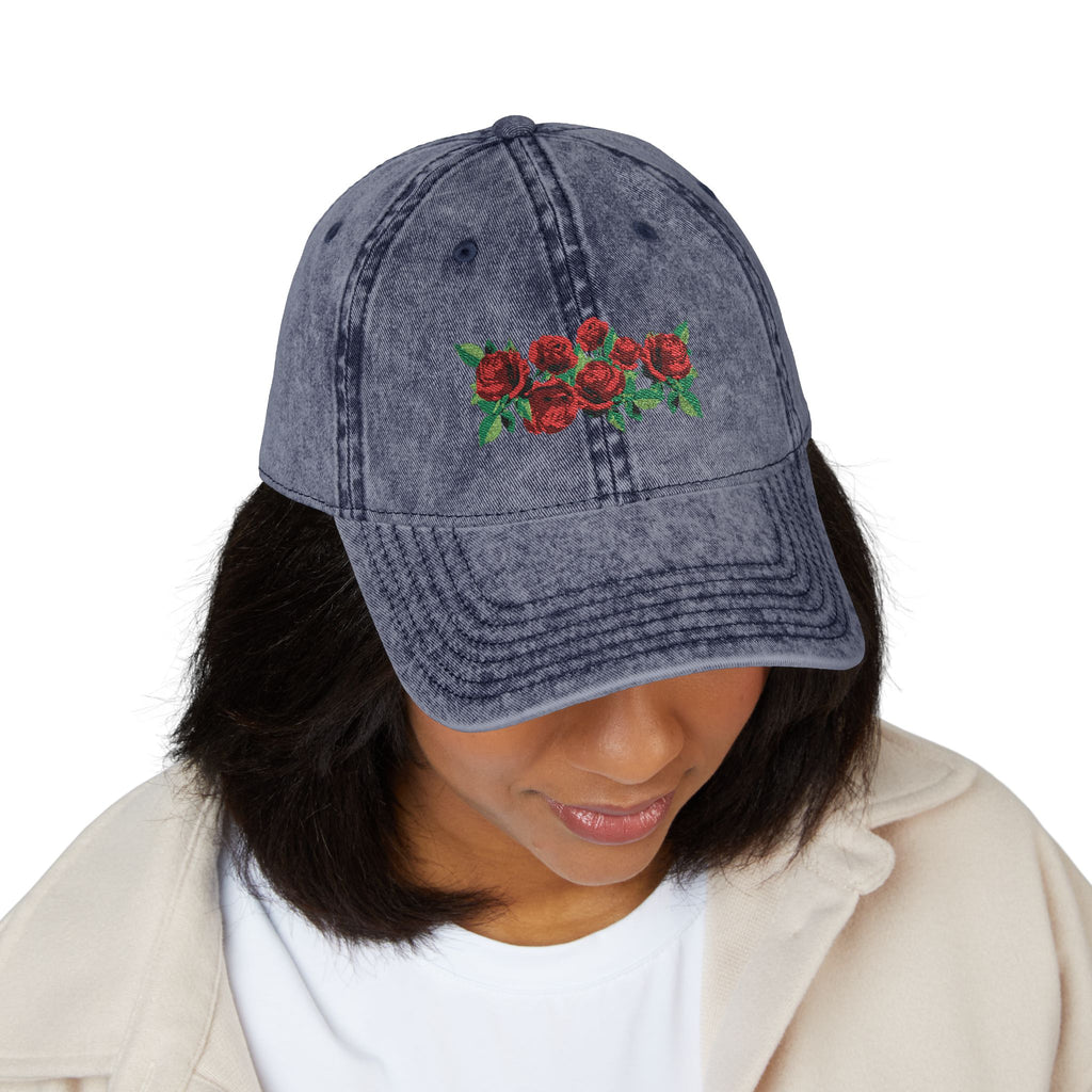 Vintage Embroidered Rose Cap — Washed Grey Floral Baseball Hat