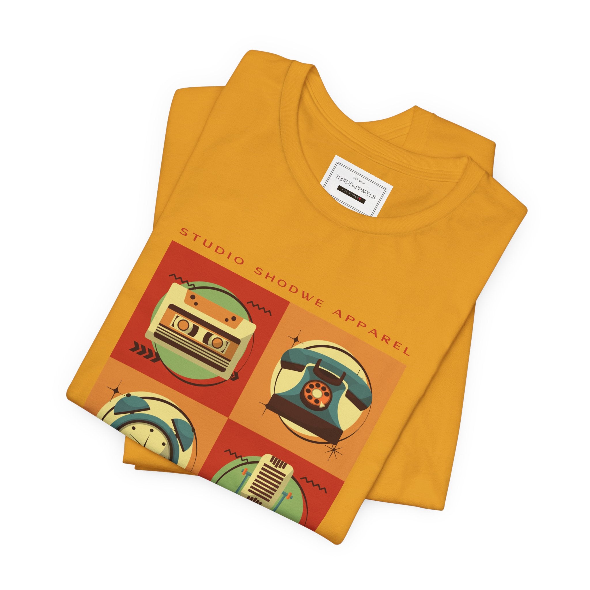 Retro Icons T-Shirt — Vintage Radio, Cassette & Alarm Clock Graphic Tee