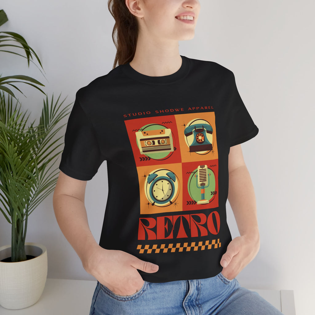 Retro Icons T-Shirt — Vintage Radio, Cassette & Alarm Clock Graphic Tee