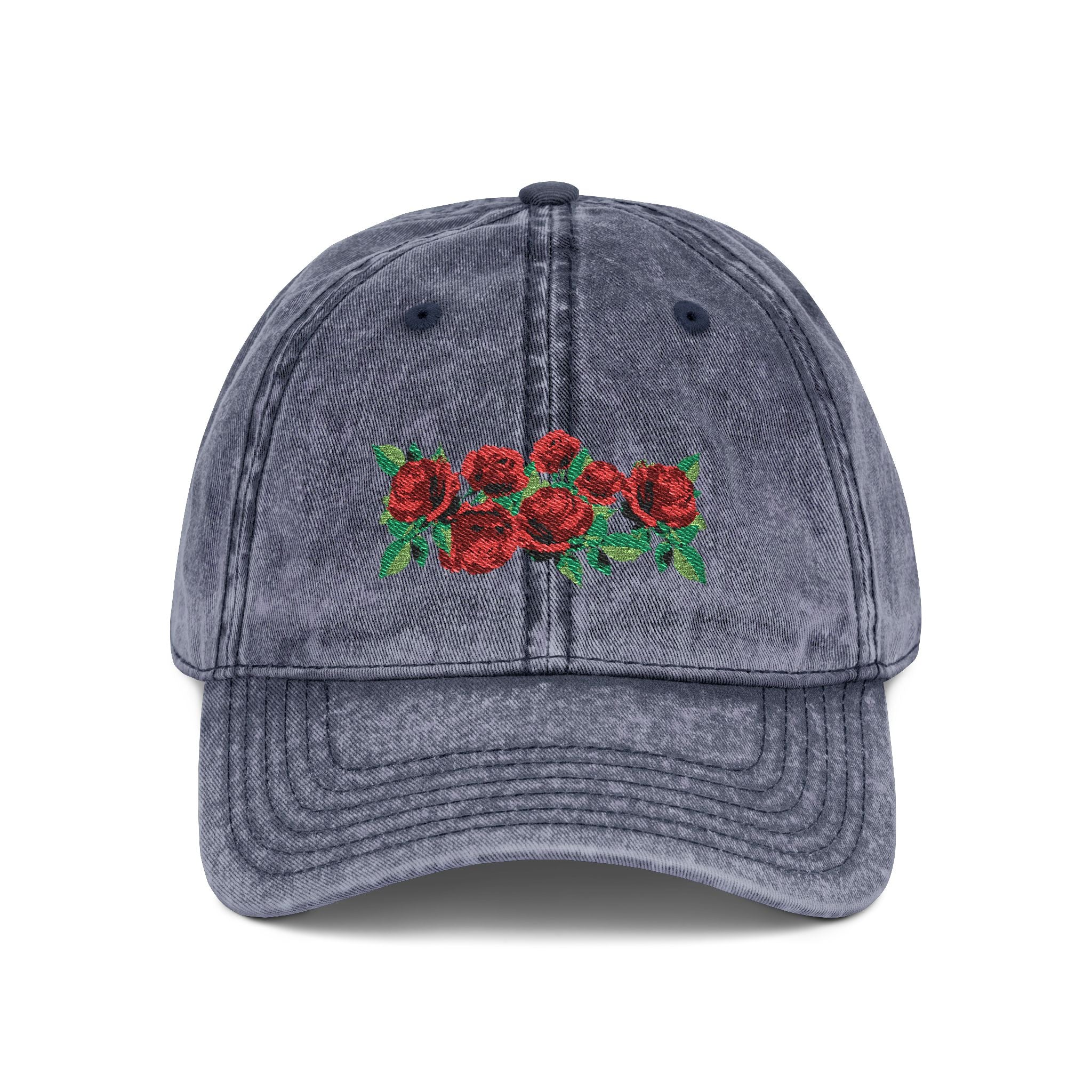 Vintage Embroidered Rose Cap — Washed Grey Floral Baseball Hat