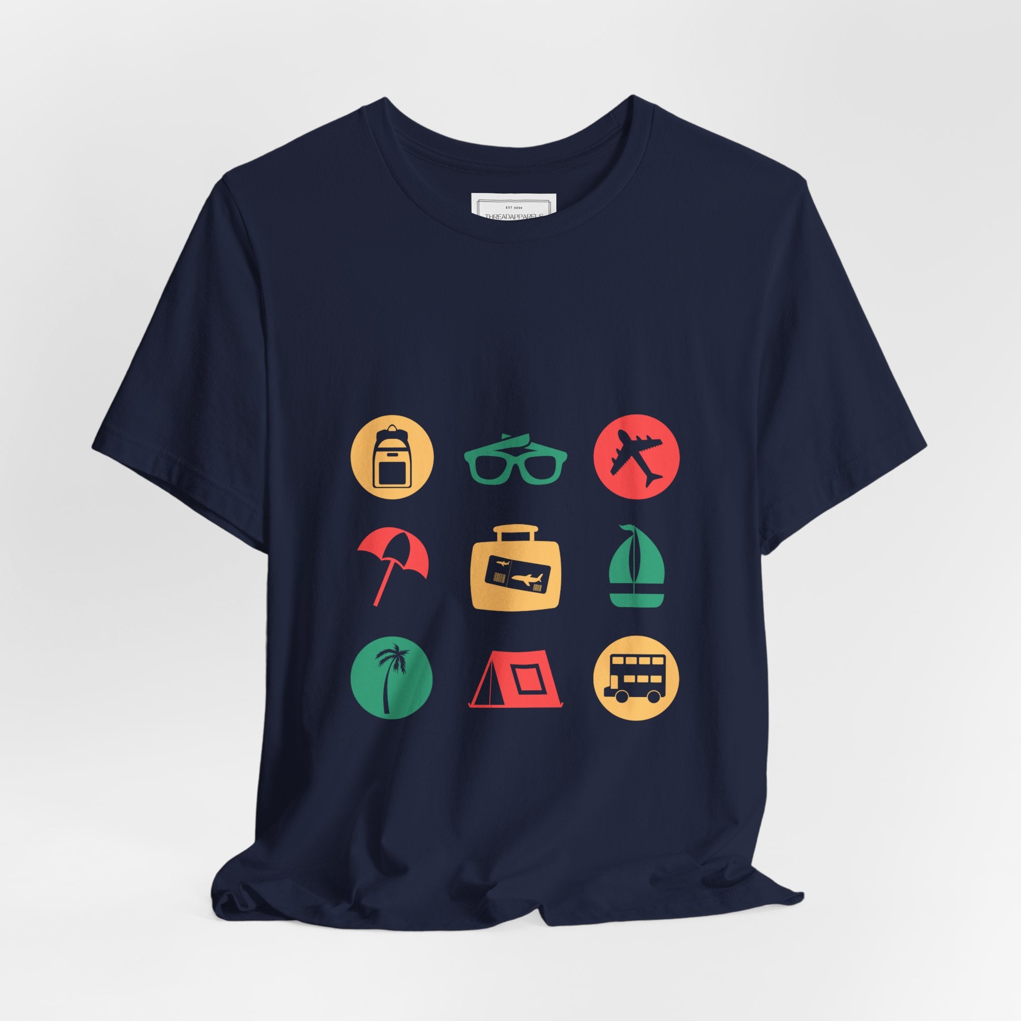 Vacation Icons T‑Shirt — Summer Travel Tee with Sunglasses, Beach & Camp Graphics