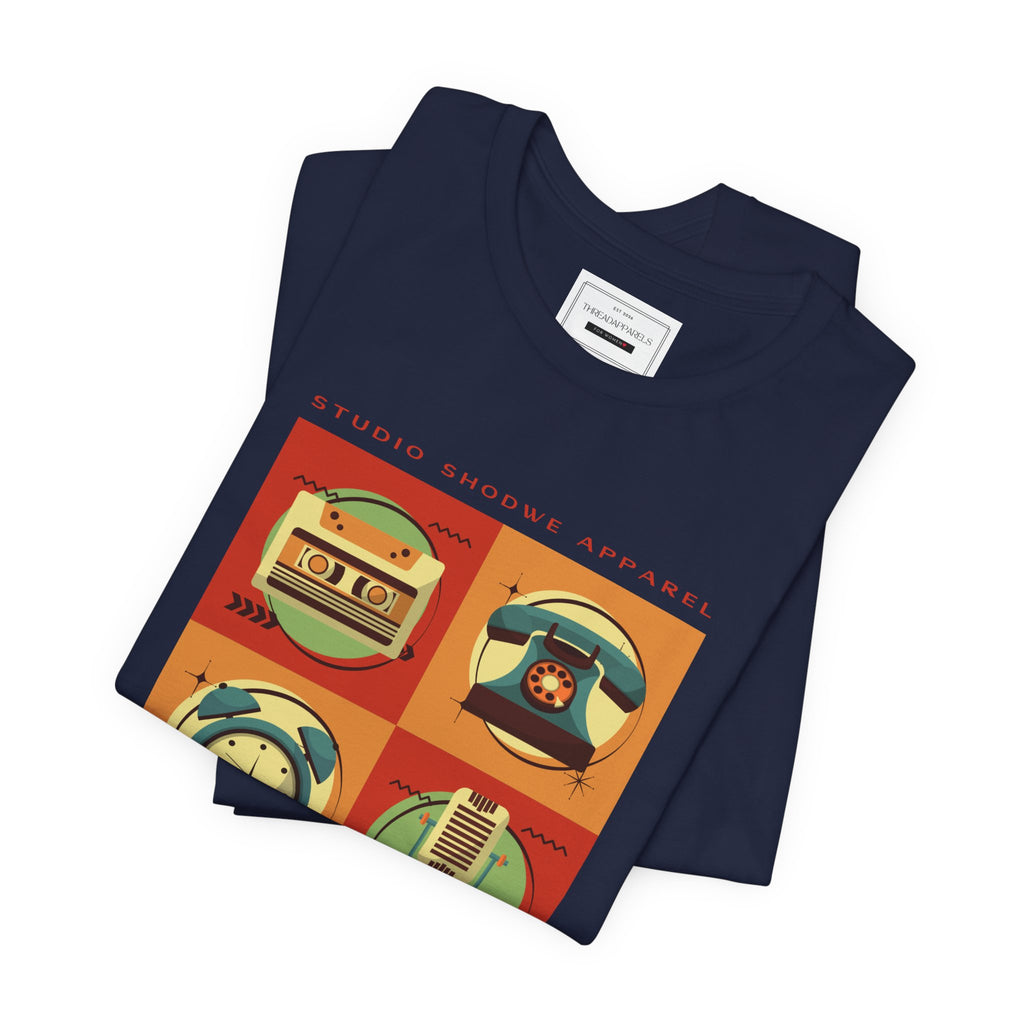 Retro Icons T-Shirt — Vintage Radio, Cassette & Alarm Clock Graphic Tee