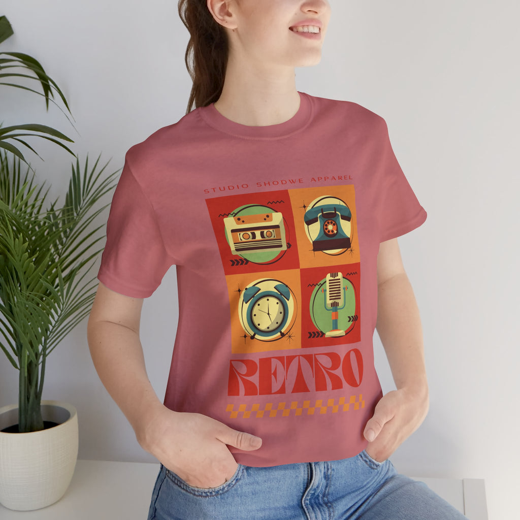Retro Icons T-Shirt — Vintage Radio, Cassette & Alarm Clock Graphic Tee