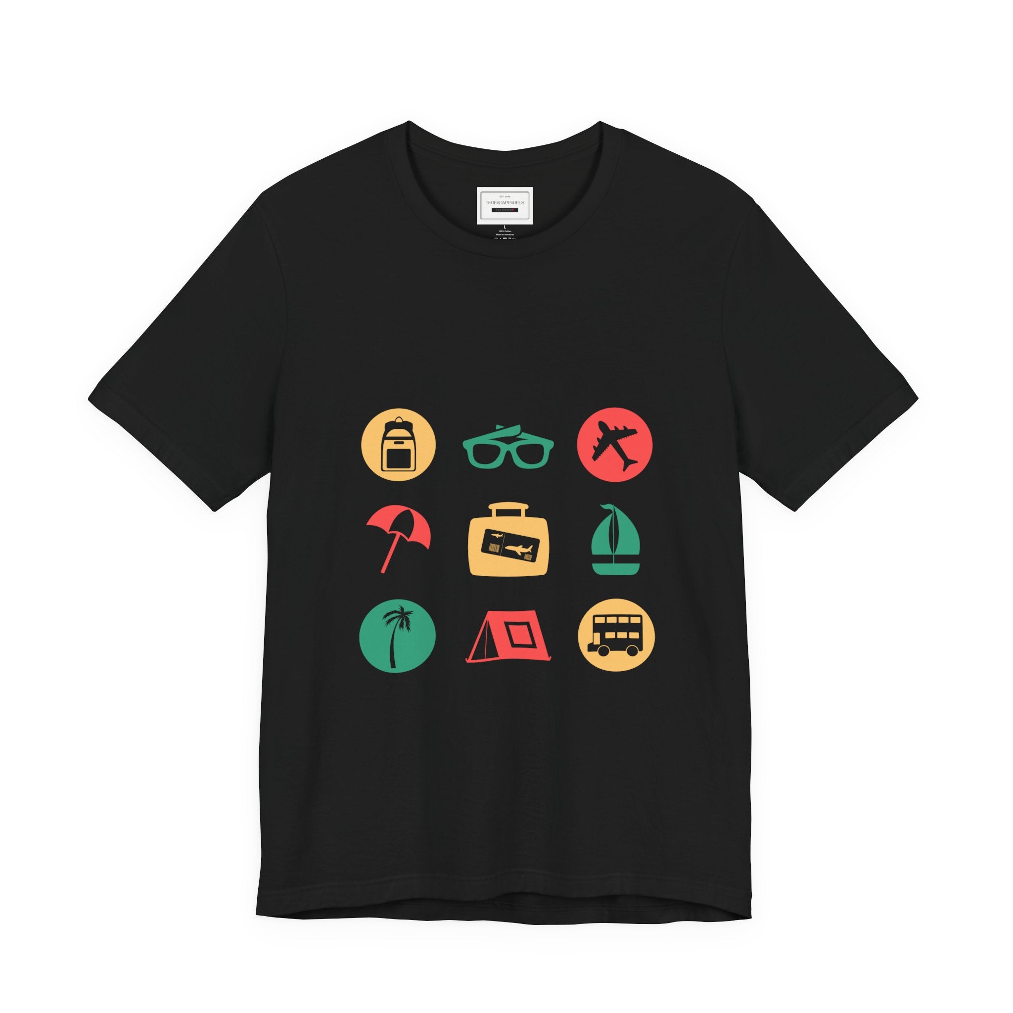 Vacation Icons T‑Shirt — Summer Travel Tee with Sunglasses, Beach & Camp Graphics