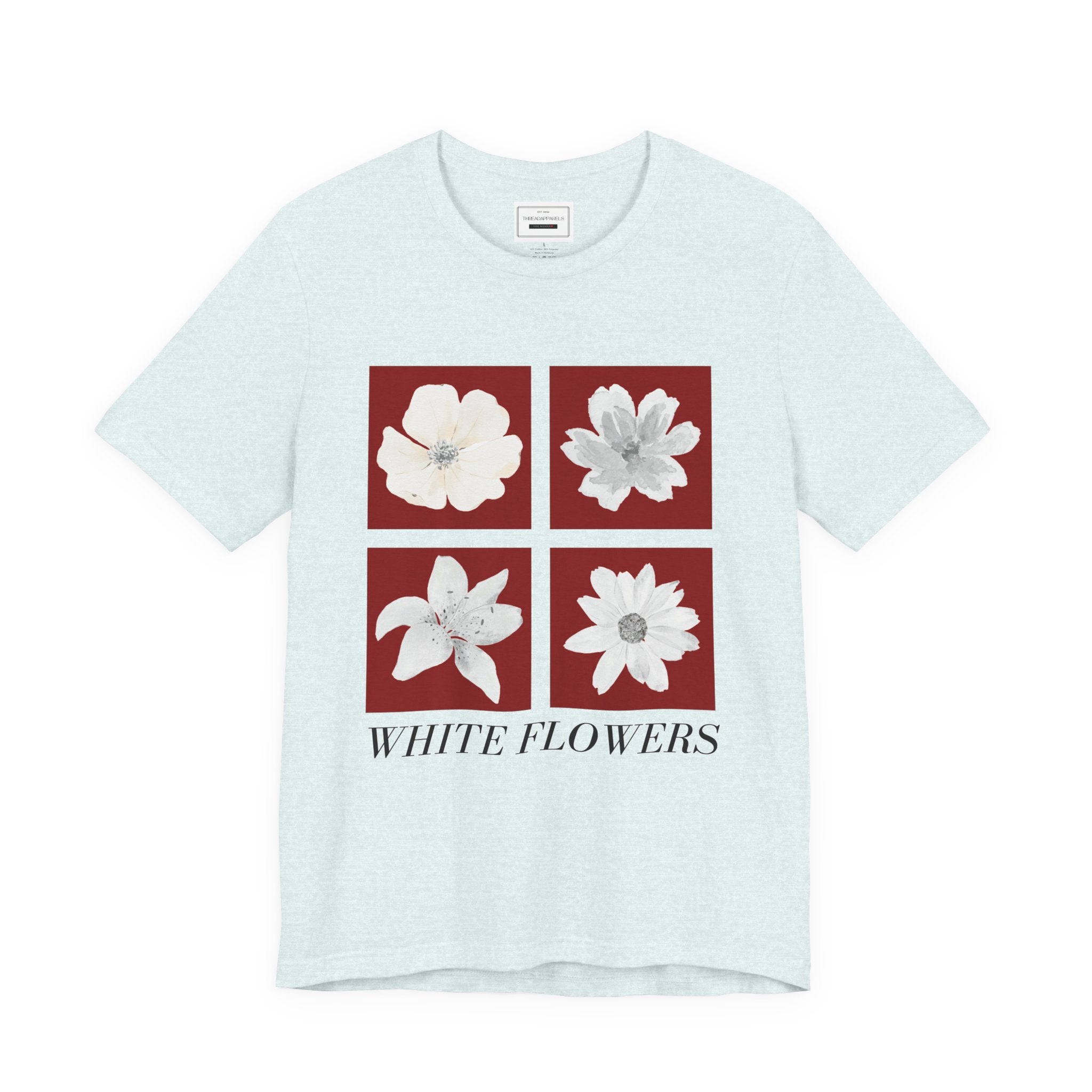 White Flowers Graphic Tee — Floral Square Print T-Shirt