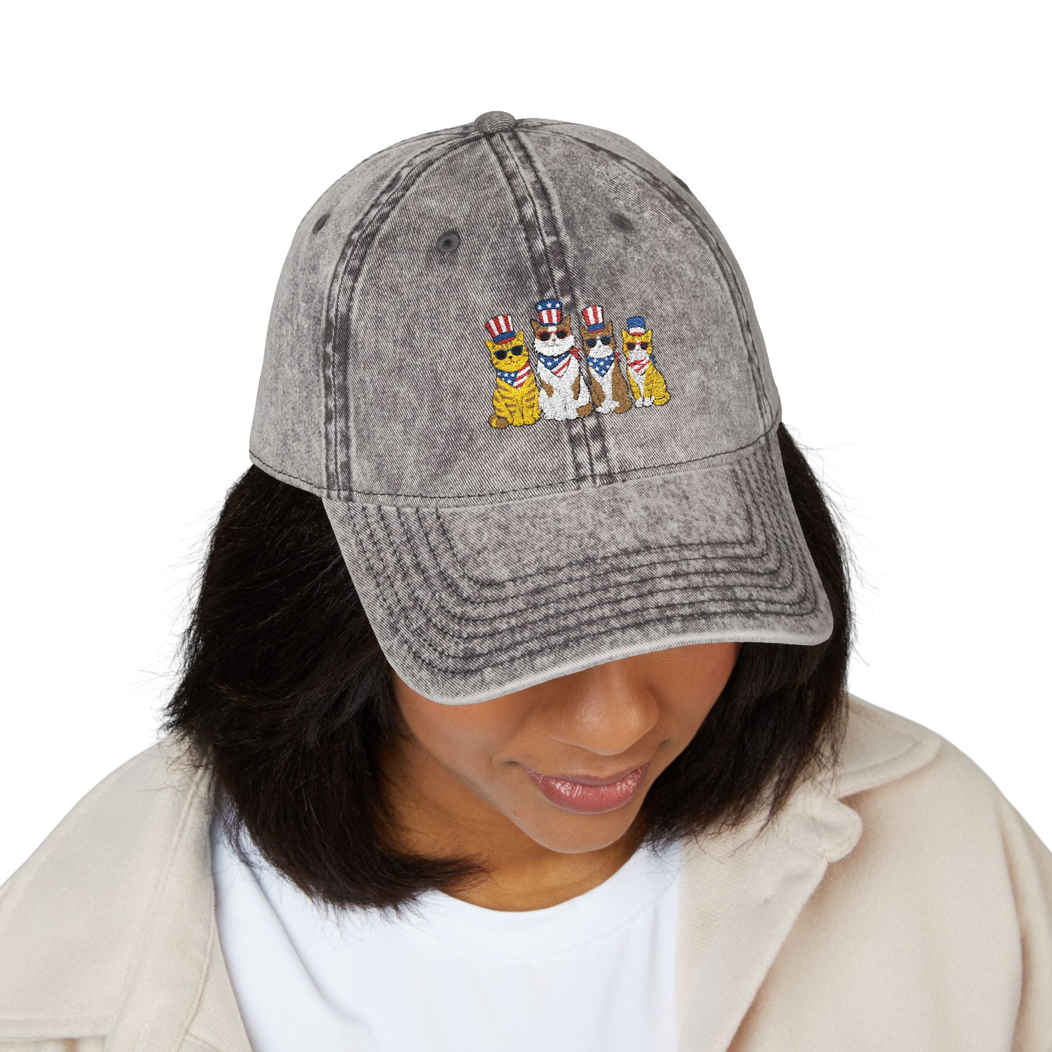 Vintage Embroidered Cap — Patriotic Cartoon Cats
