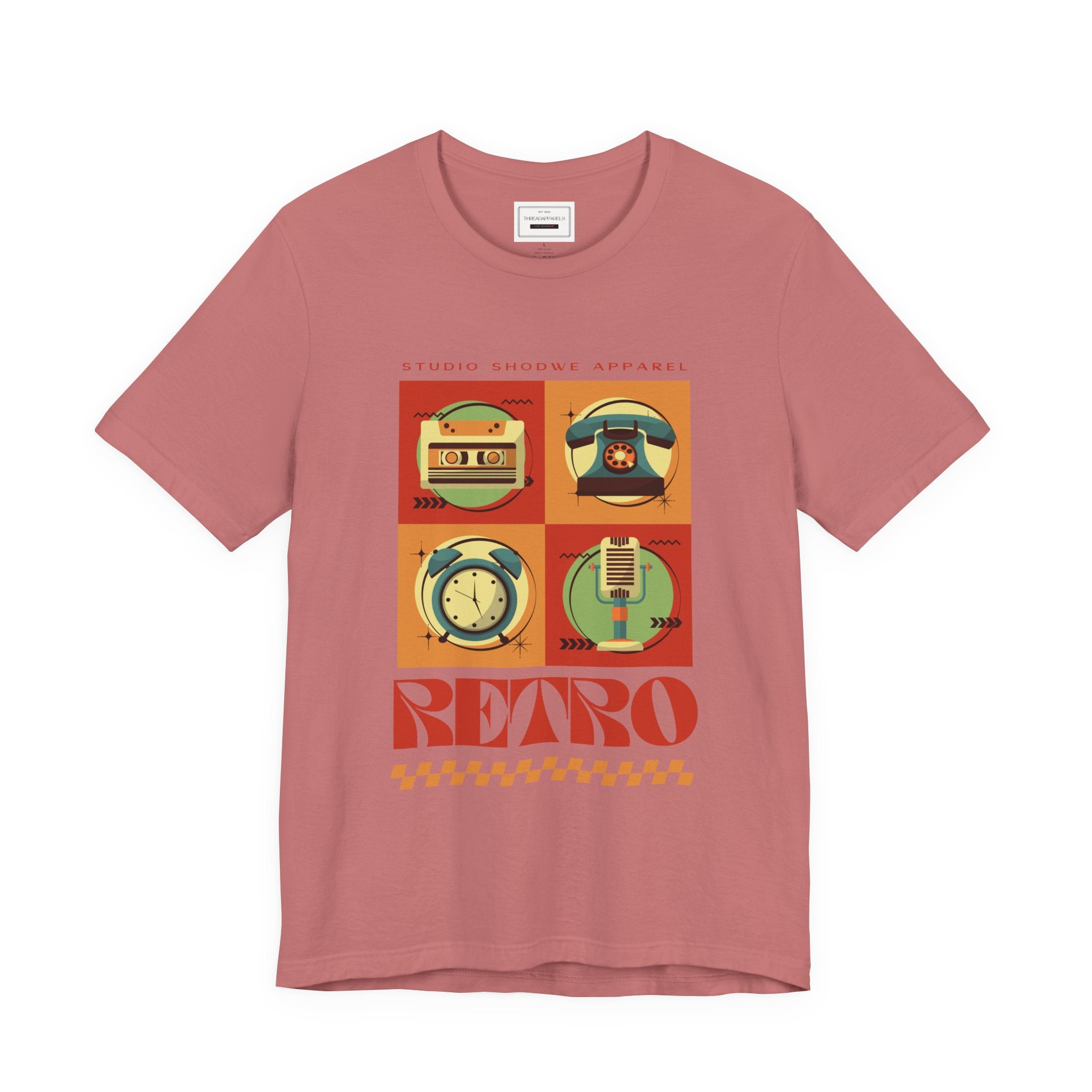 Retro Icons T-Shirt — Vintage Radio, Cassette & Alarm Clock Graphic Tee