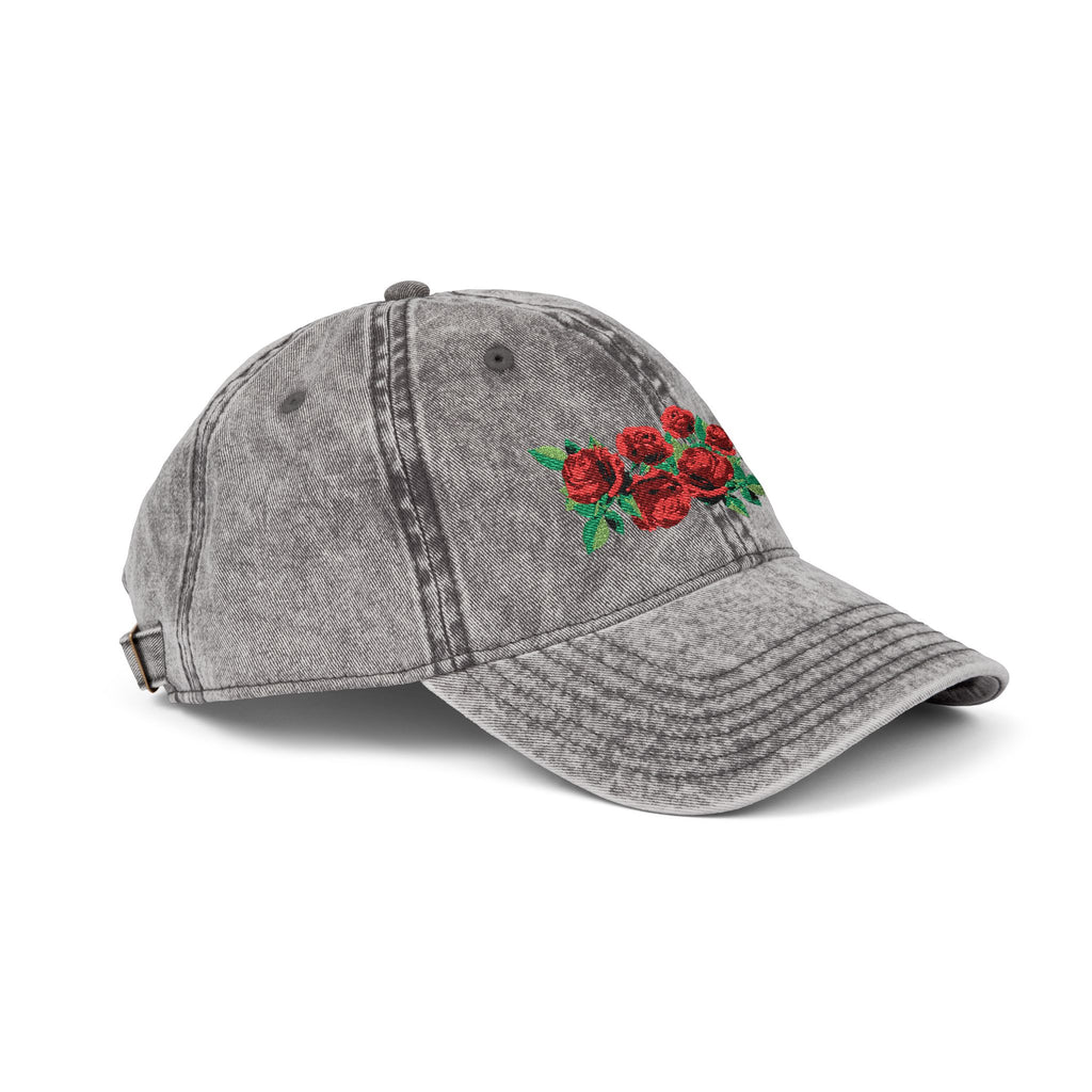 Vintage Embroidered Rose Cap — Washed Grey Floral Baseball Hat