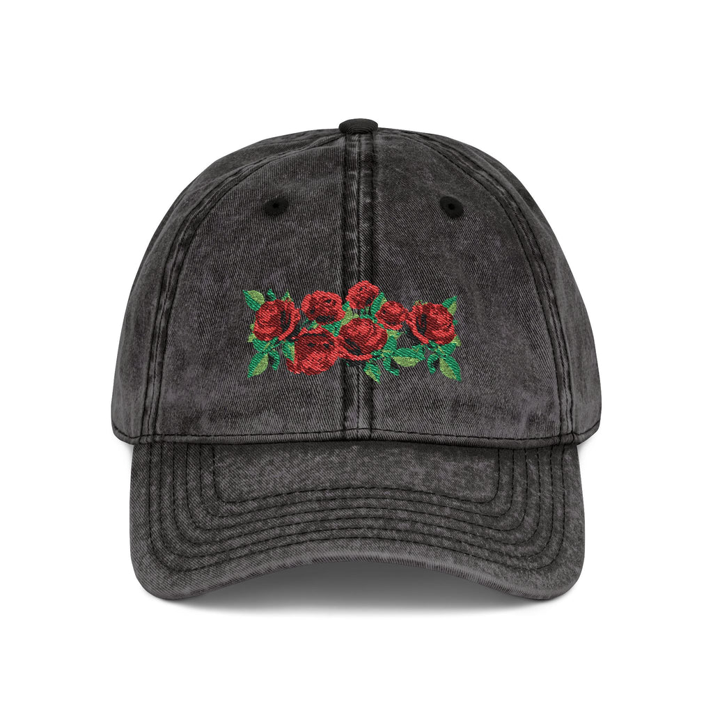 Vintage Embroidered Rose Cap — Washed Grey Floral Baseball Hat