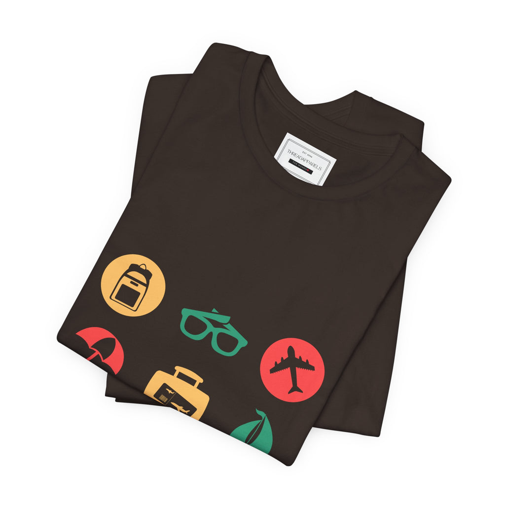Vacation Icons T‑Shirt — Summer Travel Tee with Sunglasses, Beach & Camp Graphics