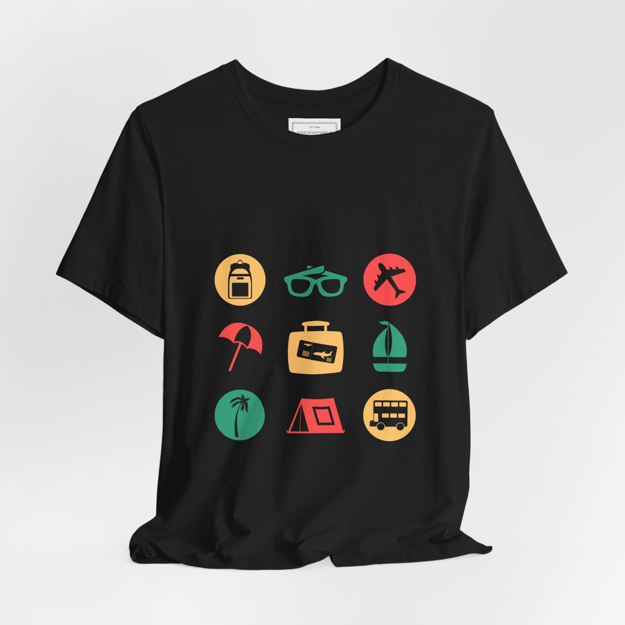 Vacation Icons T‑Shirt — Summer Travel Tee with Sunglasses, Beach & Camp Graphics
