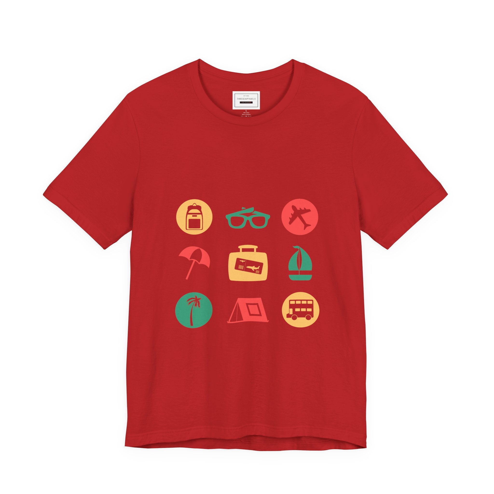 Vacation Icons T‑Shirt — Summer Travel Tee with Sunglasses, Beach & Camp Graphics