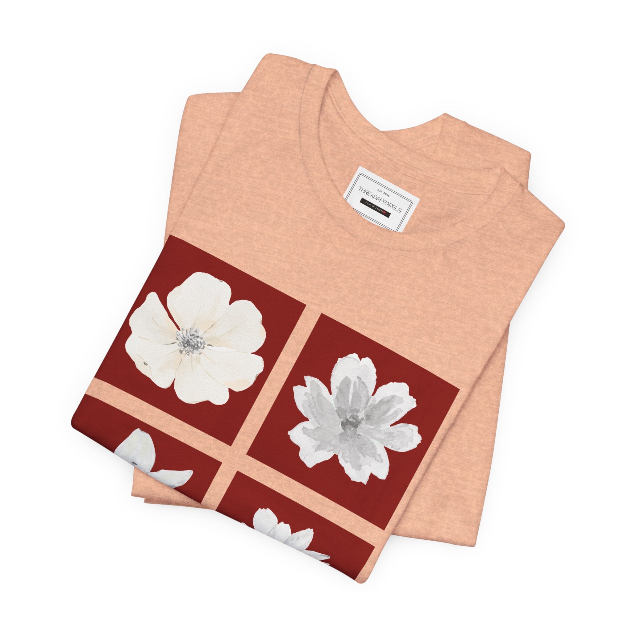 White Flowers Graphic Tee — Floral Square Print T-Shirt