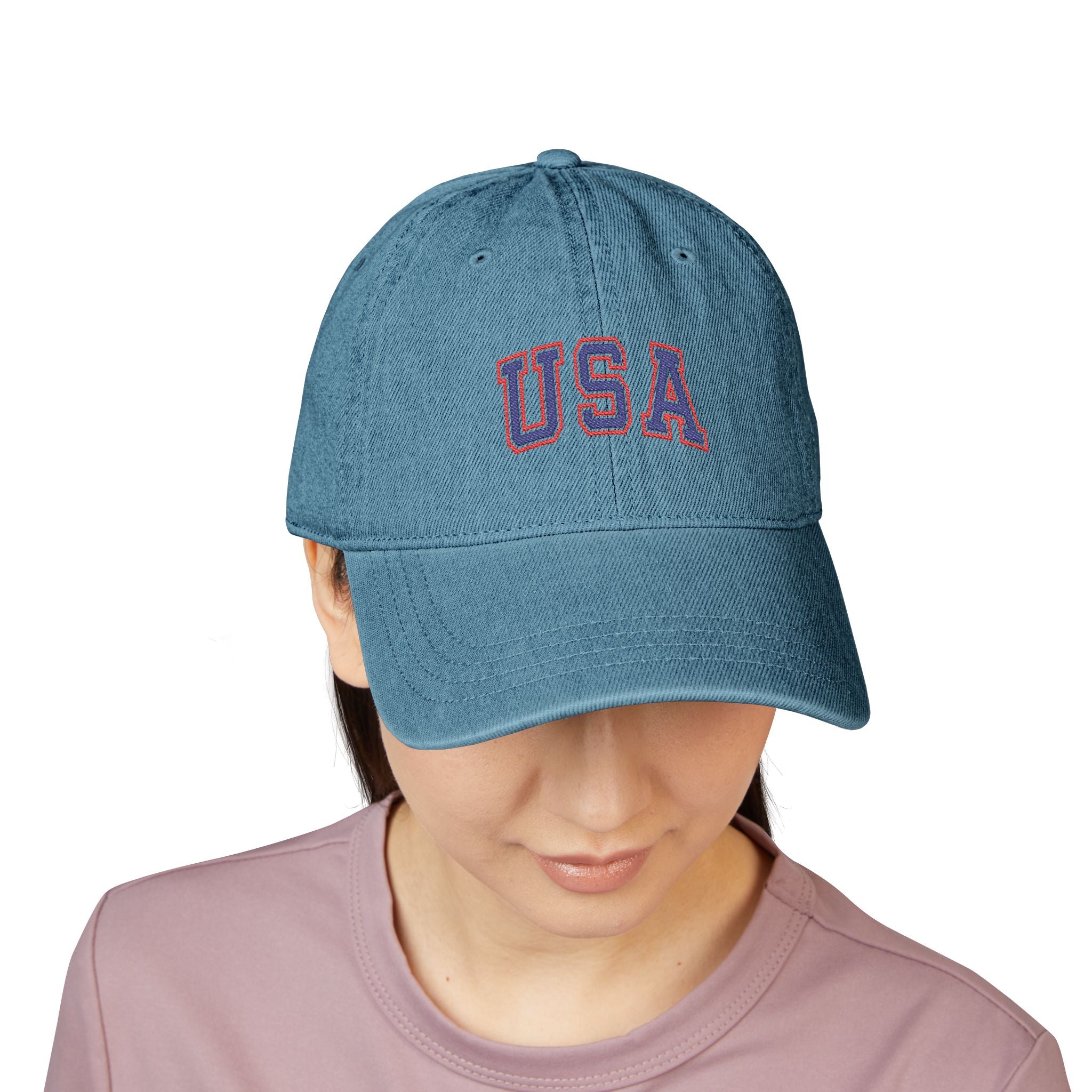 USA Embroidered Denim Hat — Light Wash Baseball Cap