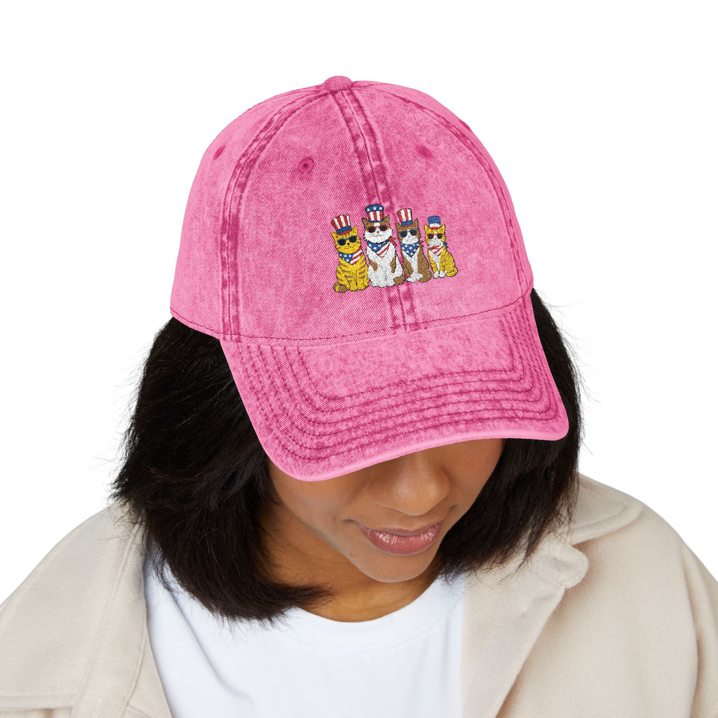 Vintage Embroidered Cap — Patriotic Cartoon Cats