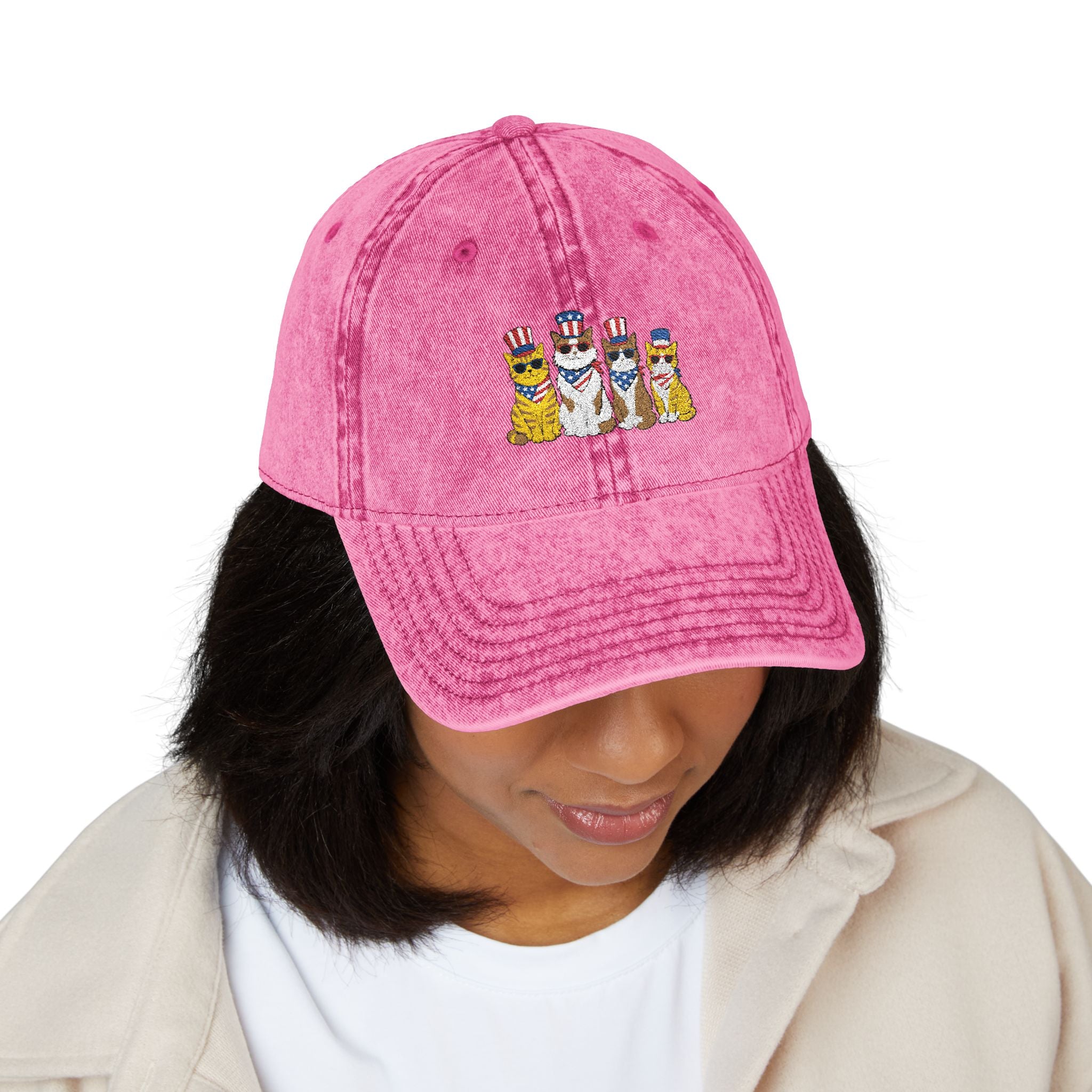 Vintage Embroidered Cap — Patriotic Cartoon Cats