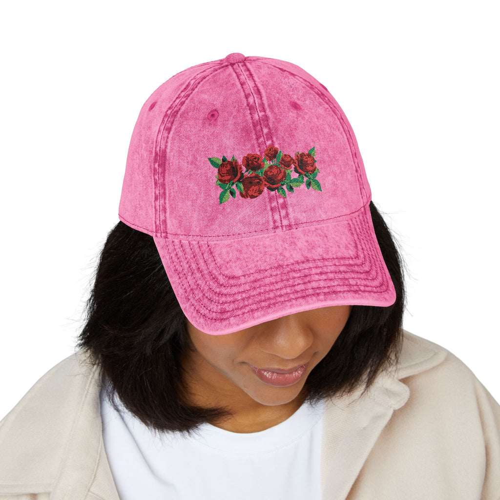 Vintage Embroidered Rose Cap — Washed Grey Floral Baseball Hat