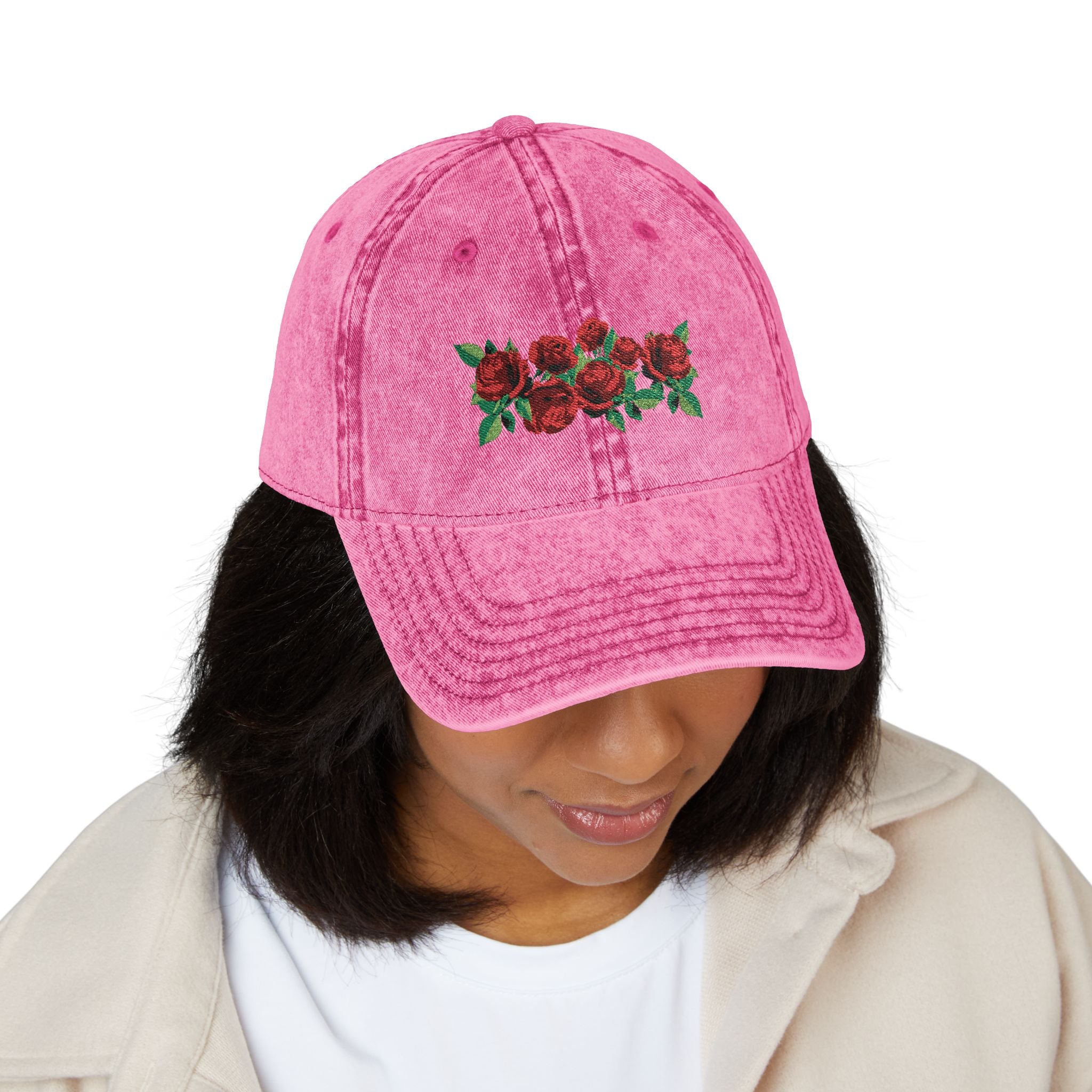Vintage Embroidered Rose Cap — Washed Grey Floral Baseball Hat