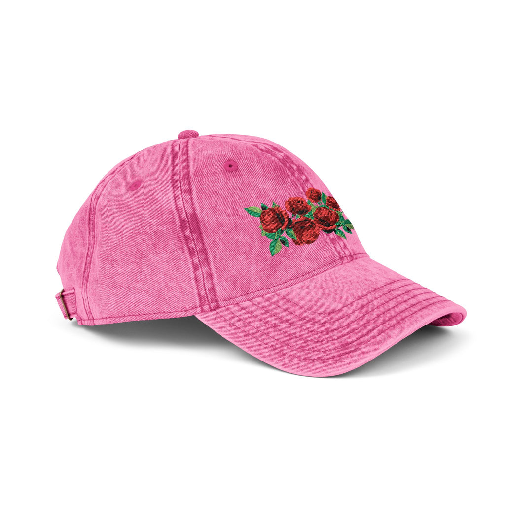 Vintage Embroidered Rose Cap — Washed Grey Floral Baseball Hat