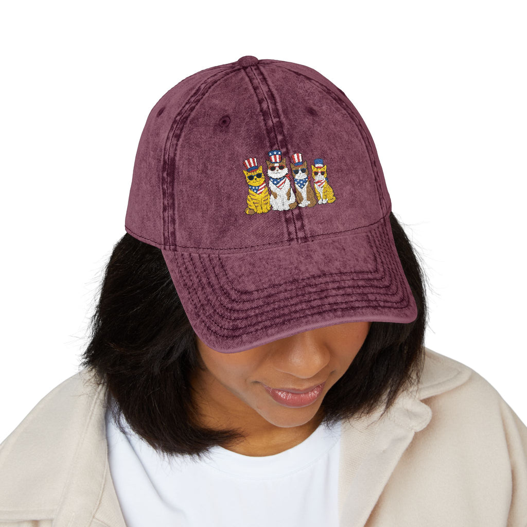Vintage Embroidered Cap — Patriotic Cartoon Cats