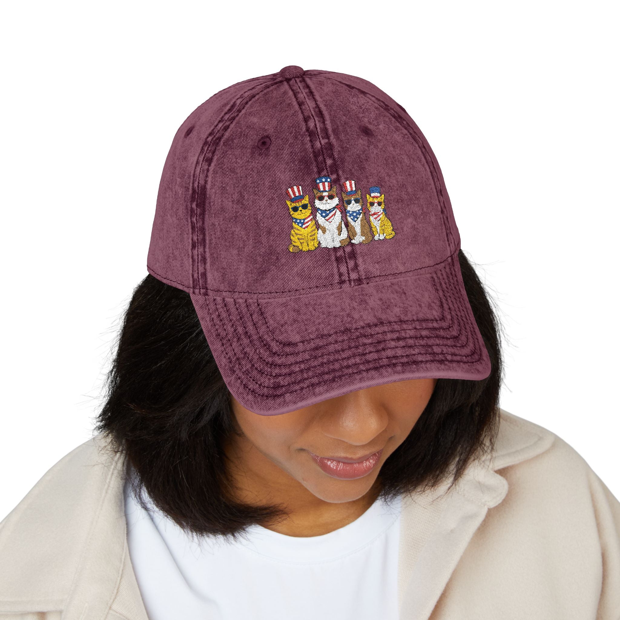 Vintage Embroidered Cap — Patriotic Cartoon Cats